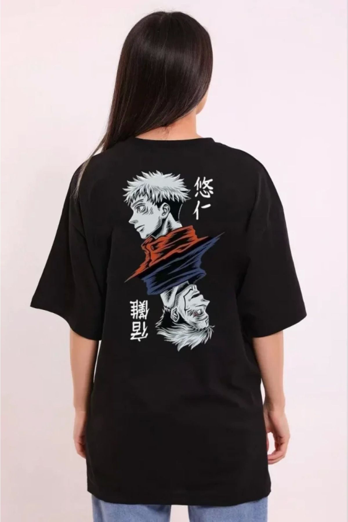 Omarı Siyah Oversize Bisiklet Yaka Baskılı T-Shirt