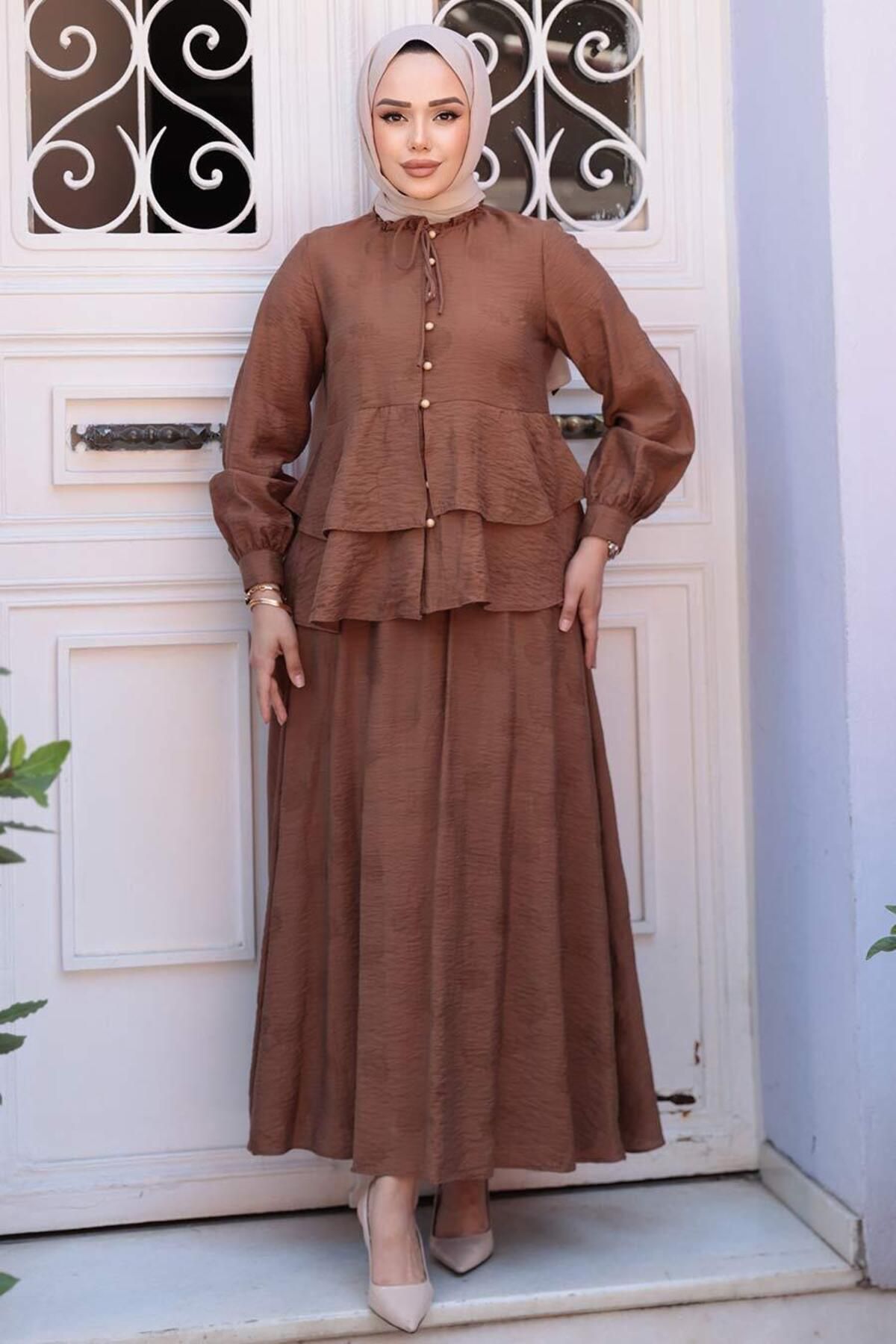 N.S NEVA STYLE Düğmeli Kahverengi Tesettür Etekli İkili Takım 14334KH