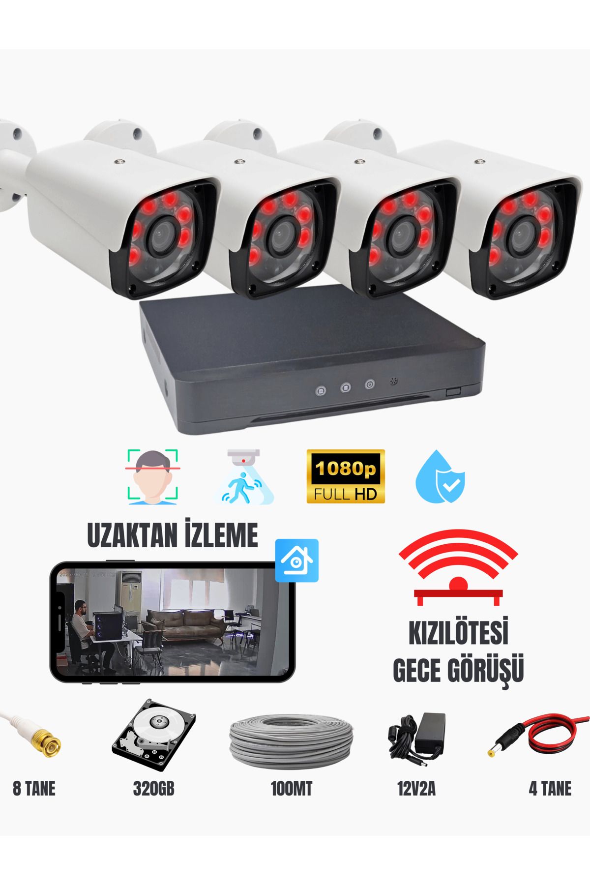 KARER ExitCam 4'lü AHD Kamera Seti 1080p FullHD Gece Renkli IP67 + 4CH DVR + 100m Kablo + HDD