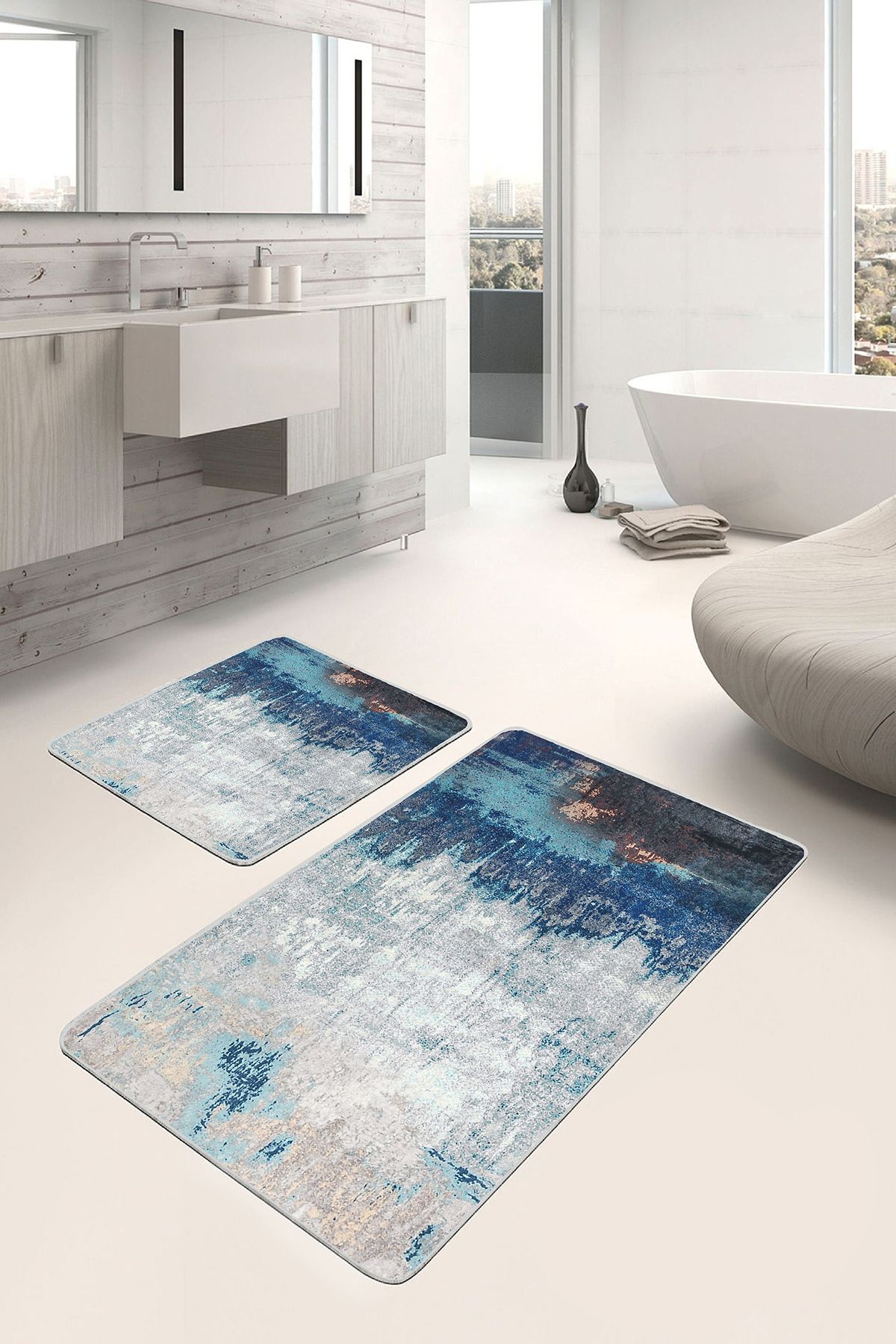 Realhomes Lacivert - Gri Zeminde Kanvas Motifli Boyama Desenli Modern Eskitme Motifli 2'li Banyo Paspas Takımı