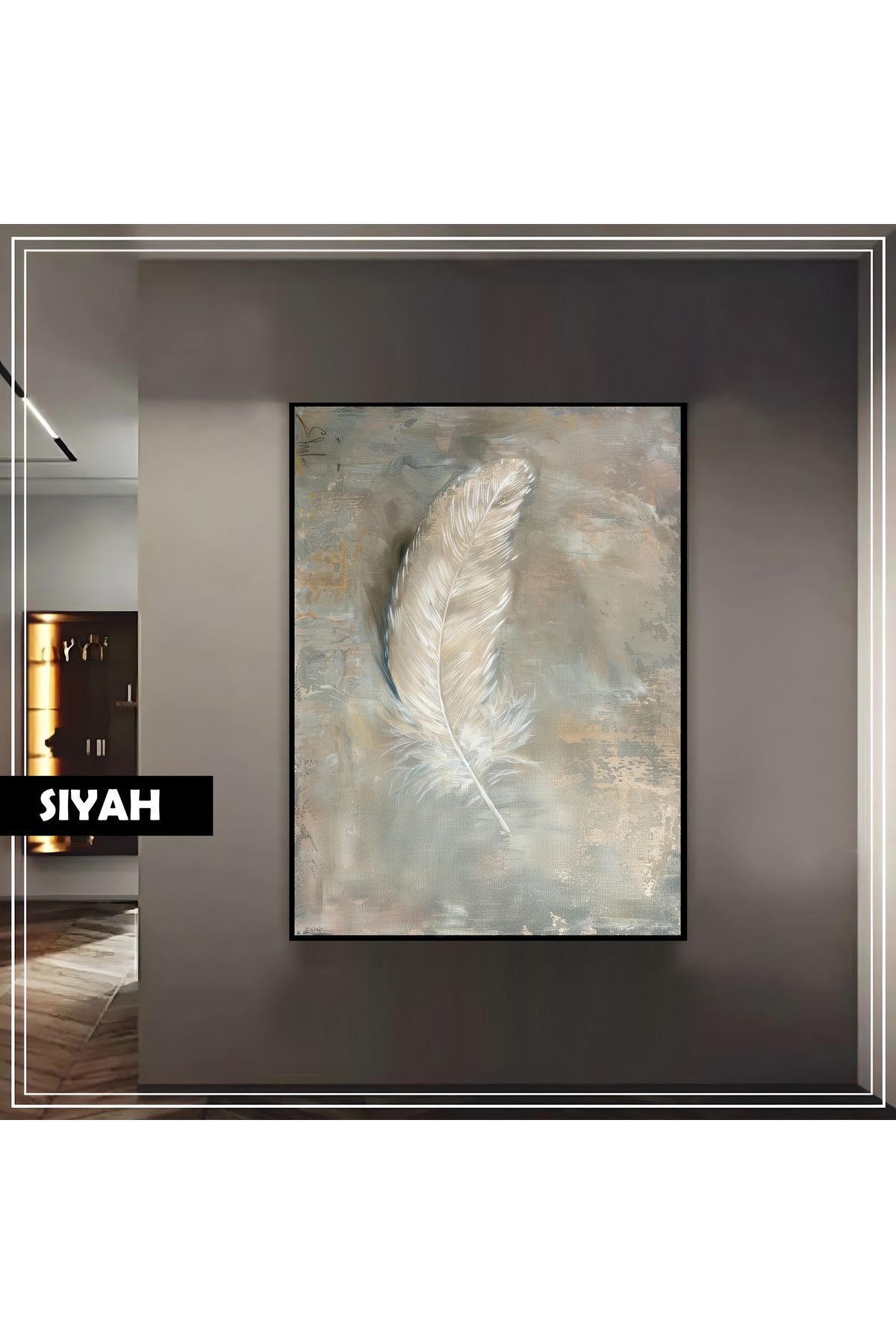 Harikabirev HARİKABİREV|SOFT GRİ KUŞ TÜYÜ MODELİ (PAINT)|ÇERÇEVELİ TEMPERLİ CAM TABLO TEKLİ DİKEY