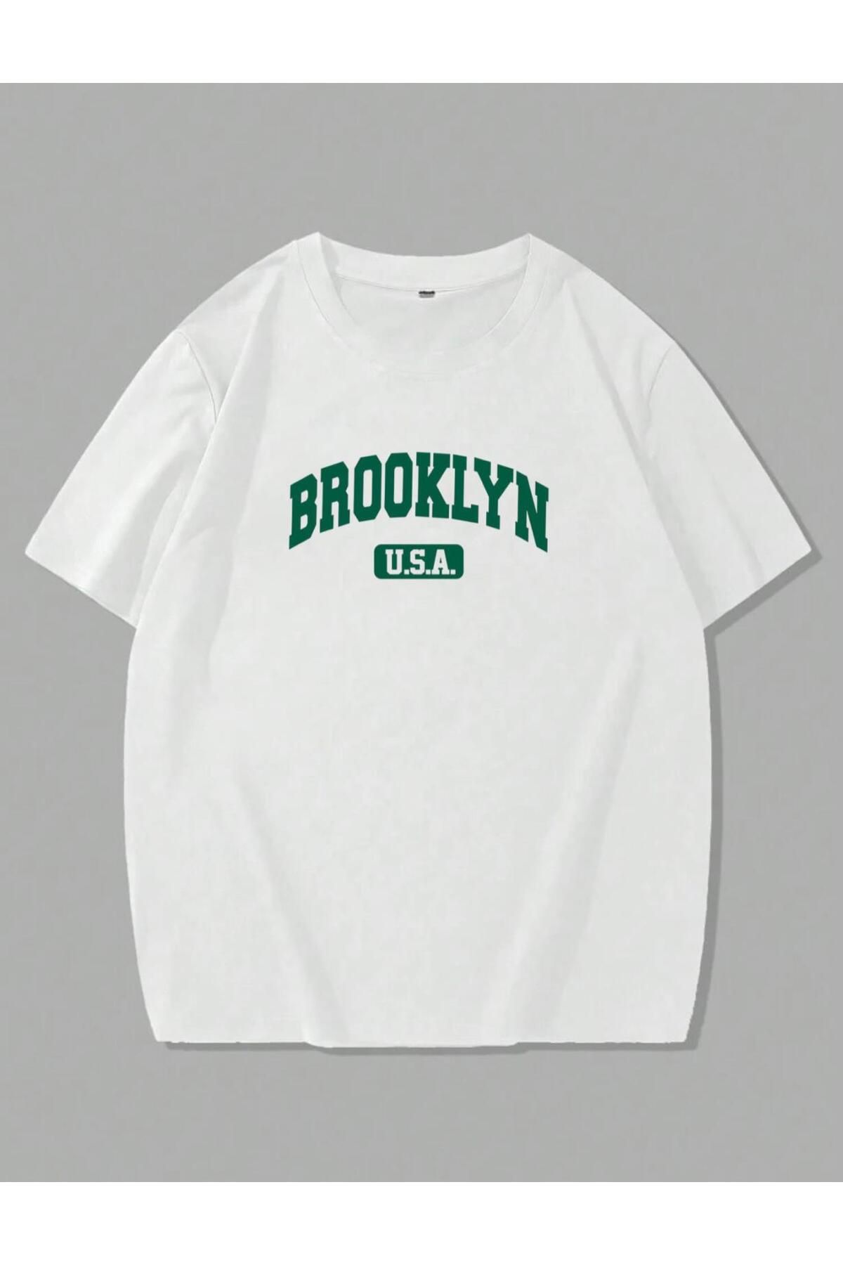 RPT MODA OVERSIZE RAHAT KALIP YEŞİL BROOKLYN BASKILI YÜKSEK KALİTE KUMAŞ ERKEK T-SHIRT