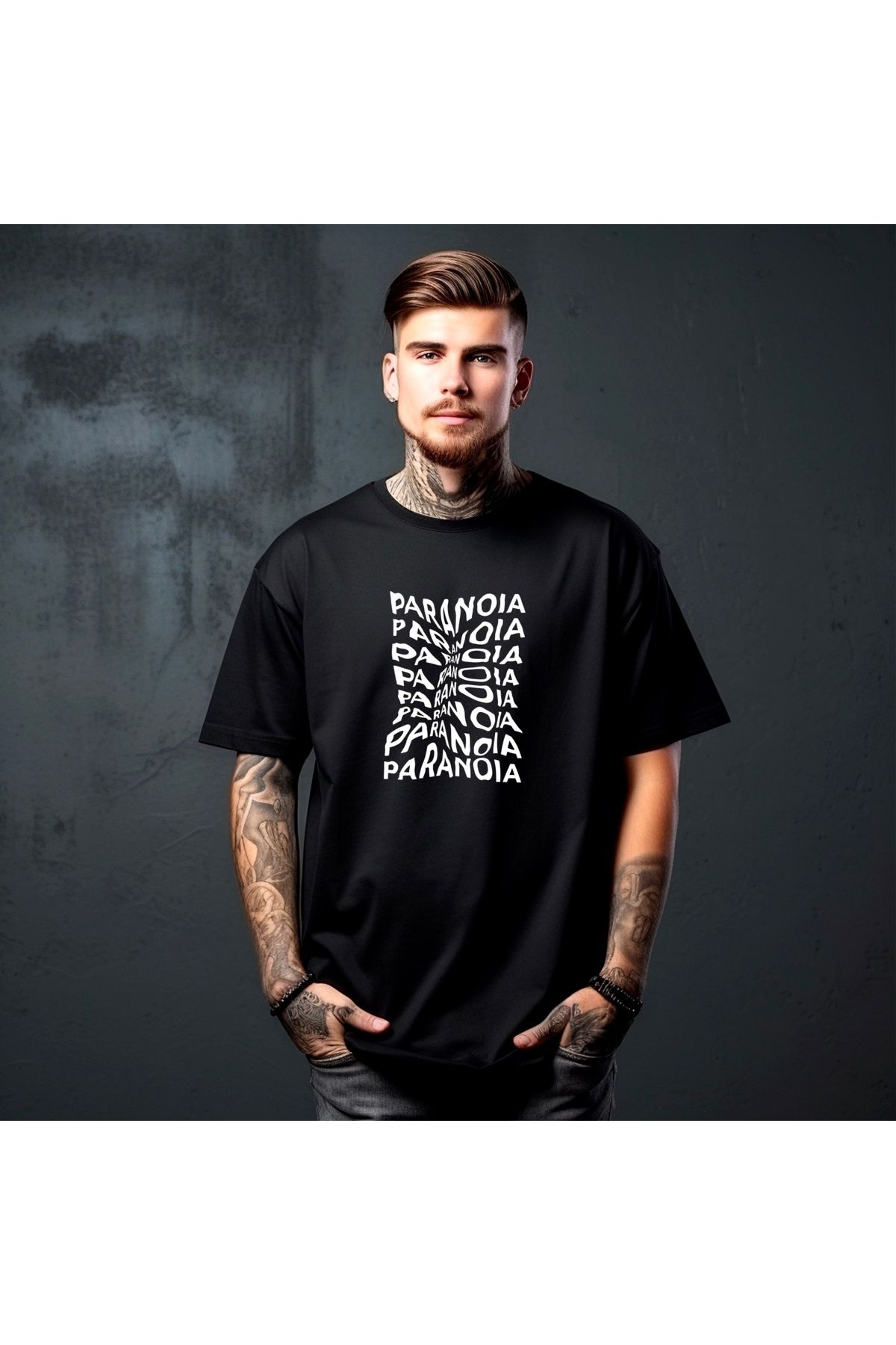 RPT MODA OVERSIZE RAHAT KALIP PARANOIA BASKILI YÜKSEK KALİTE KUMAŞ ERKEK T-SHIRT