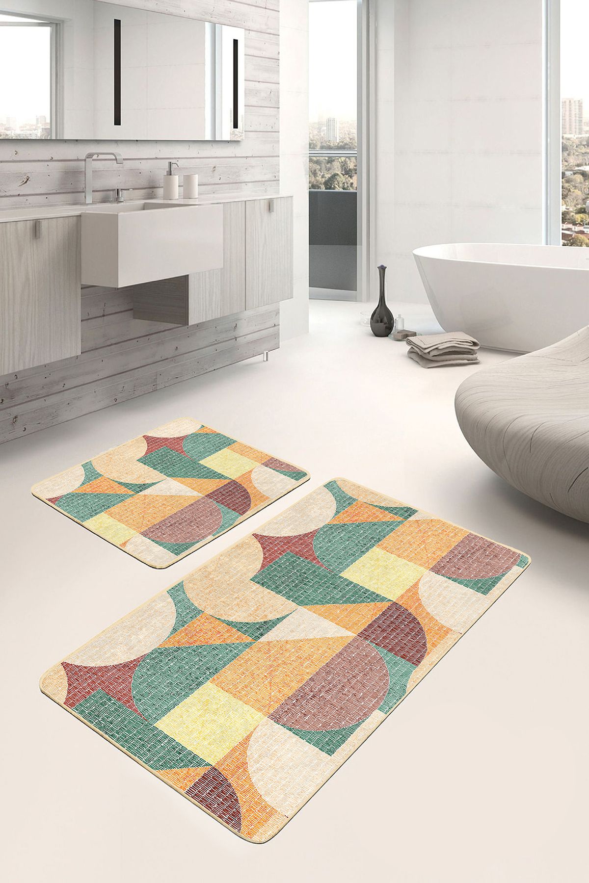 Realhomes 2'li Set Rengarenk Zeminde Art Deco Motifli Kilim Desenli Geometrik Klasik 2'li Banyo Paspas Takımı