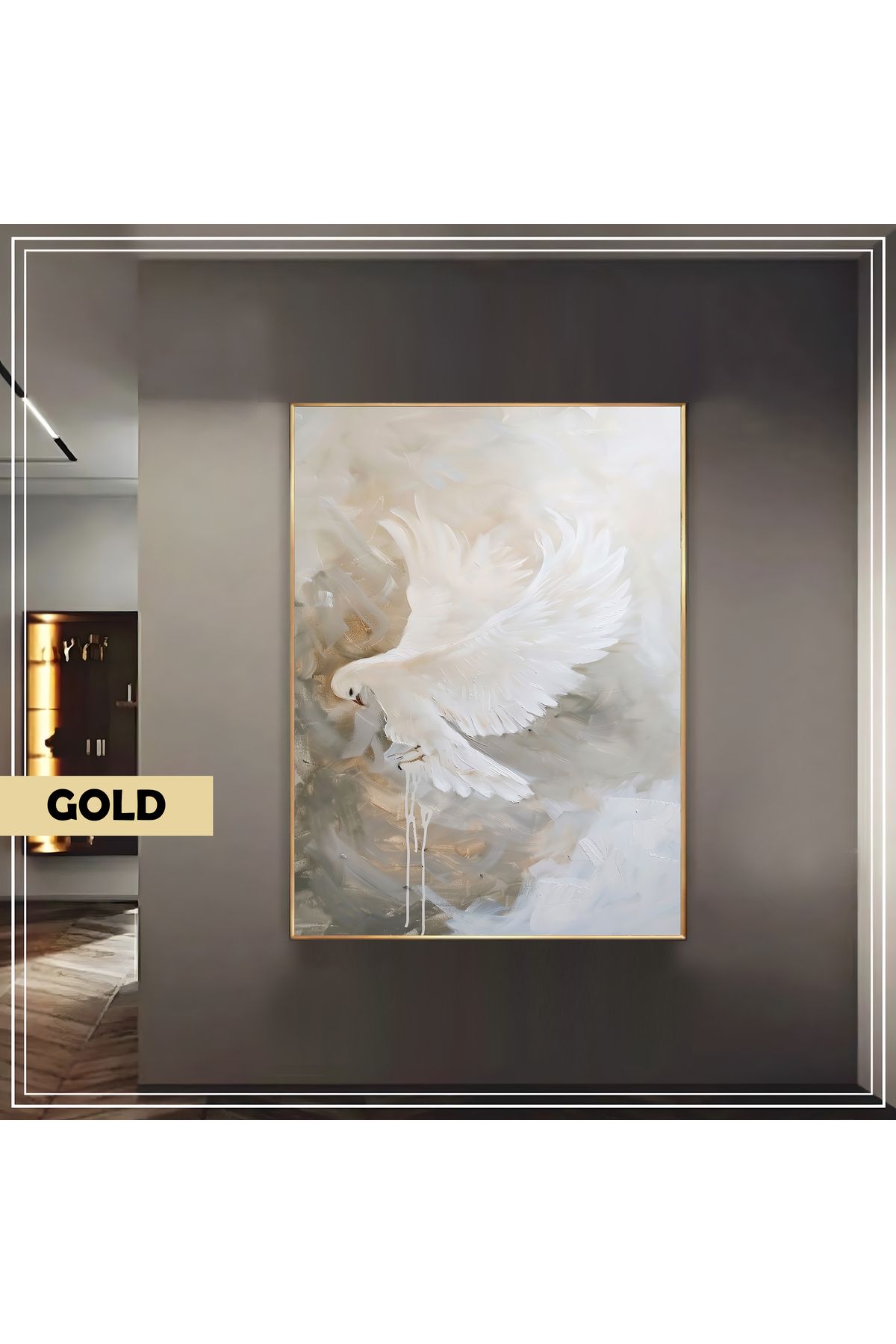 Harikabirev HARİKABİREV|SOFT GRİ KREM KUŞ MODELİ (PAINT)|ÇERÇEVELİ TEMPERLİ CAM TABLO TEKLİ DİKEY
