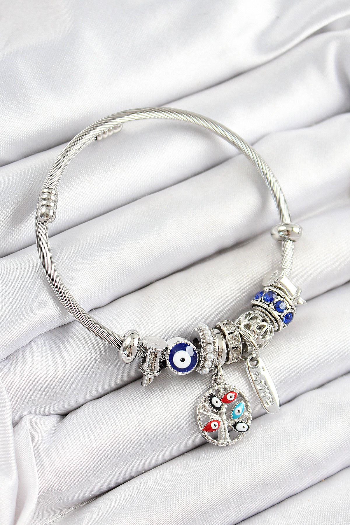 callerrons accessories Lacivert Nazarlı Zirkon Taşlı İnci Detaylı Hayat Ağacı Model Gümüş Renk Charm Bileklik - EBJ250628W3