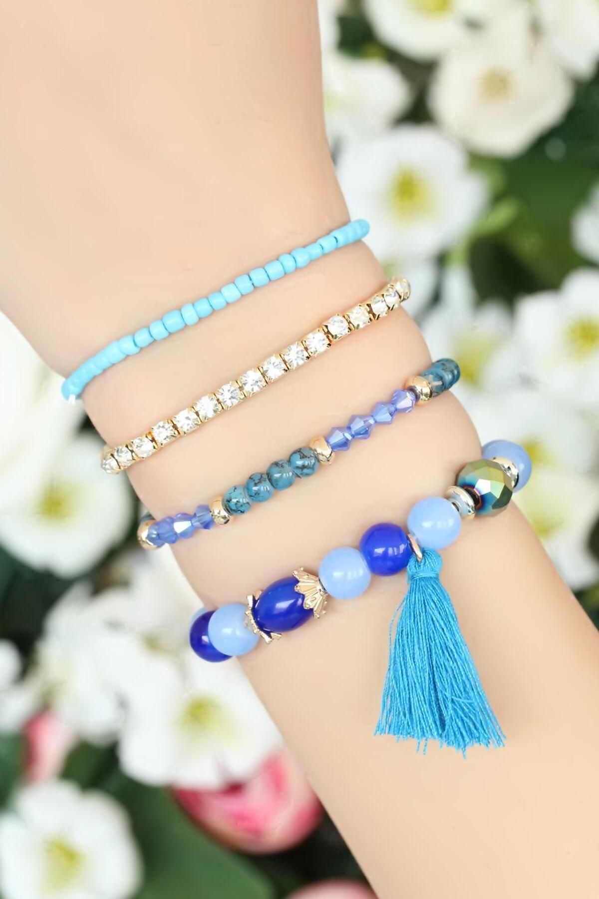 callerrons accessories Mavi Boncuklu ve Püsküllü Çoklu Bileklik - EBJ250628W36081