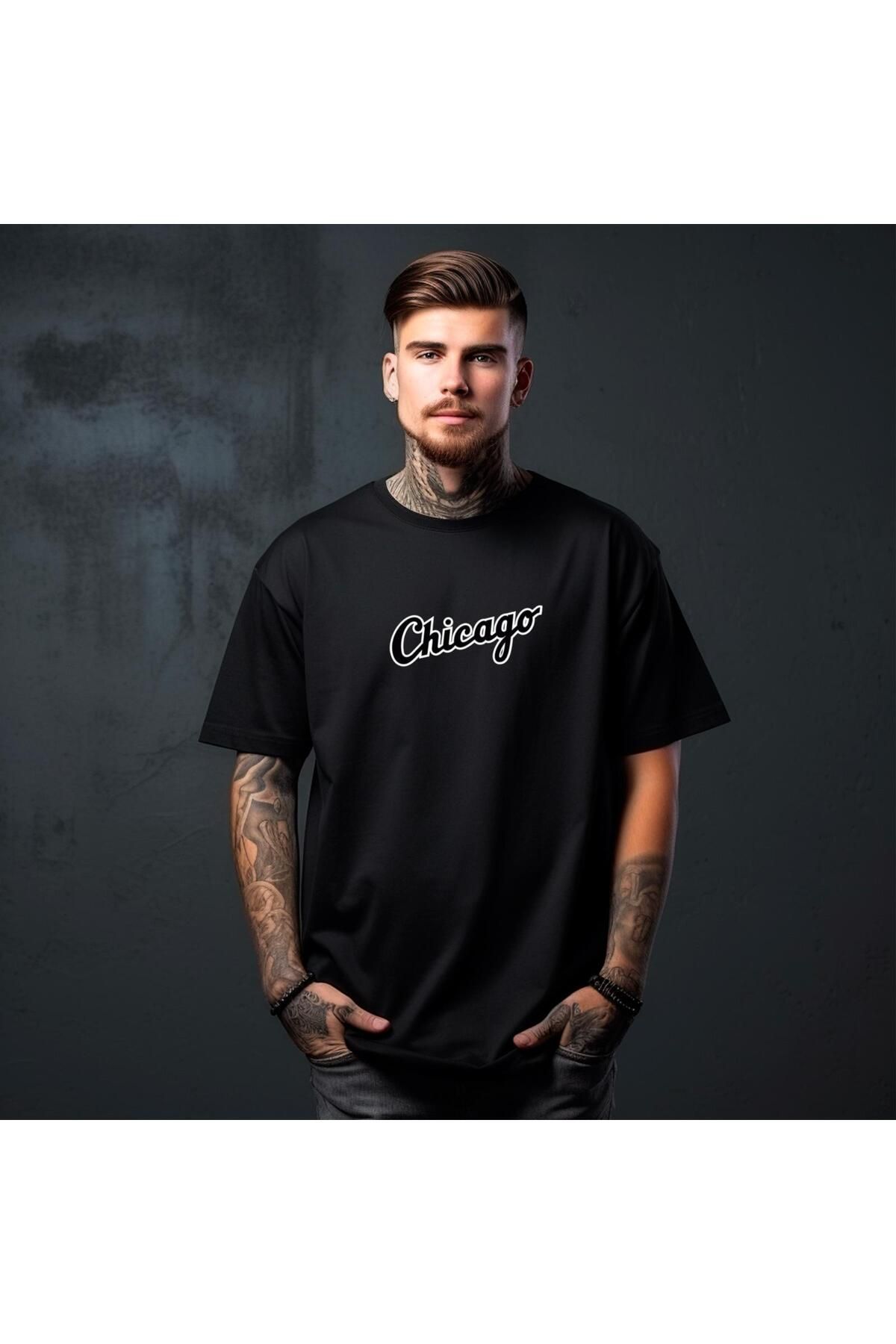 RPT MODA OVERSIZE RAHAT KALIP CHICAGO BASKILI YÜKSEK KALİTE KUMAŞ ERKEK T-SHIRT
