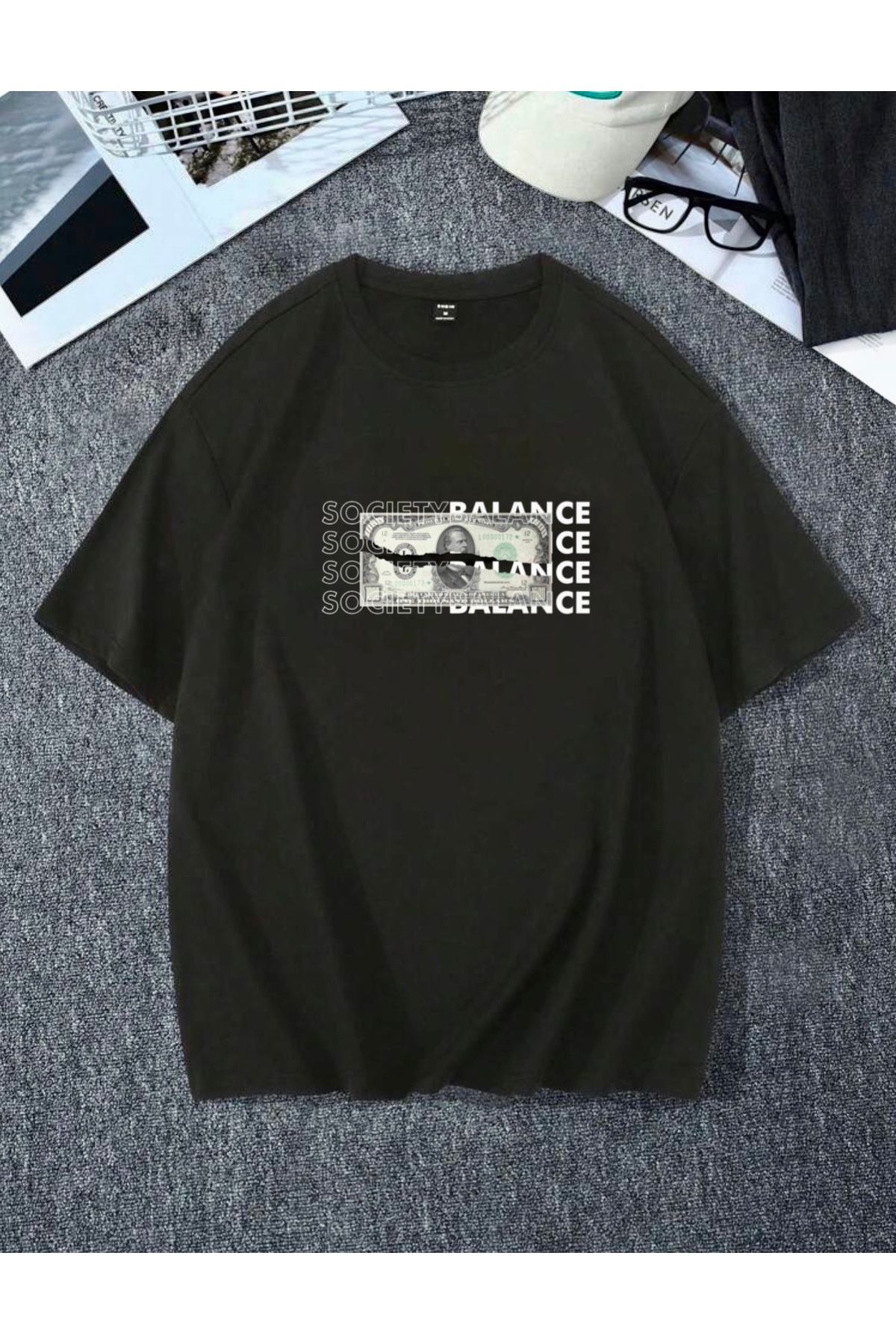 RPT MODA OVERSIZE RAHAT KALIP MONEY BALANCE BASKILI YÜKSEK KALİTE KUMAŞ ERKEK T-SHIRT