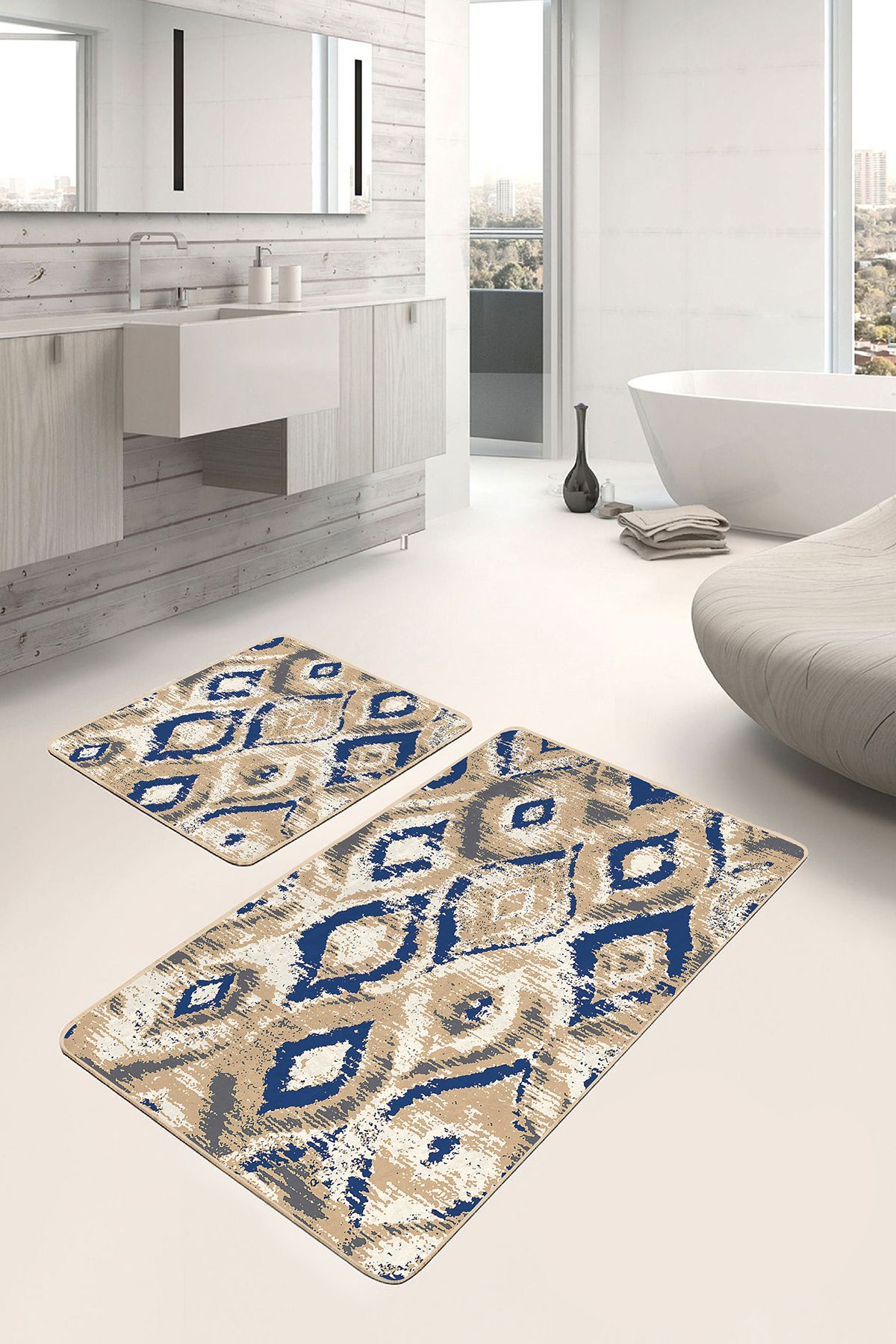 Realhomes Lacivert Bej Zeminde Ikat Motifli Vintage Geometrik Eskitme Motifli 2'li Banyo Mutfak Paspas Takımı