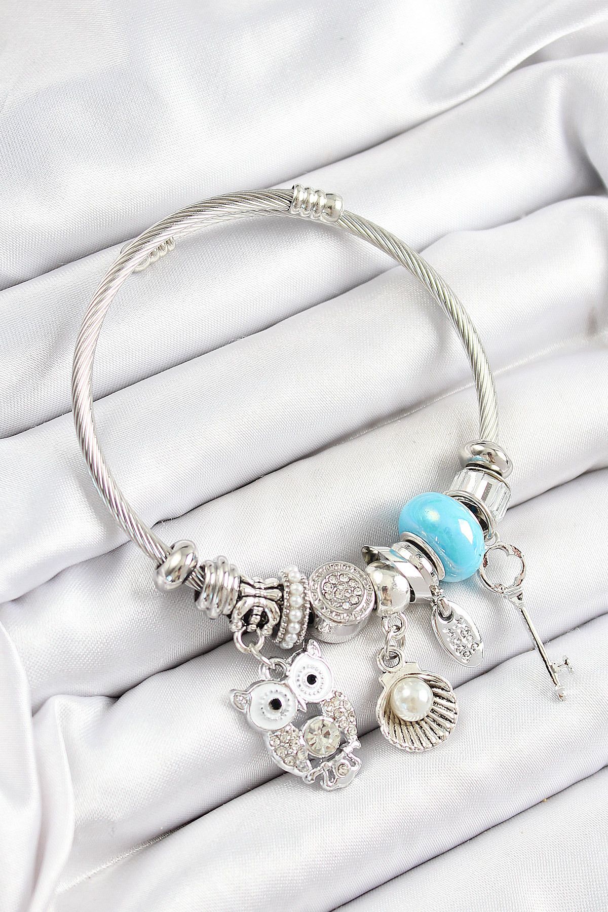 callerrons accessories Mavi Zirkon Taşlı Baykuş İstiridye Ve Anahtar Model Gümüş Renk Charm Bileklik - EBJ250628W35899