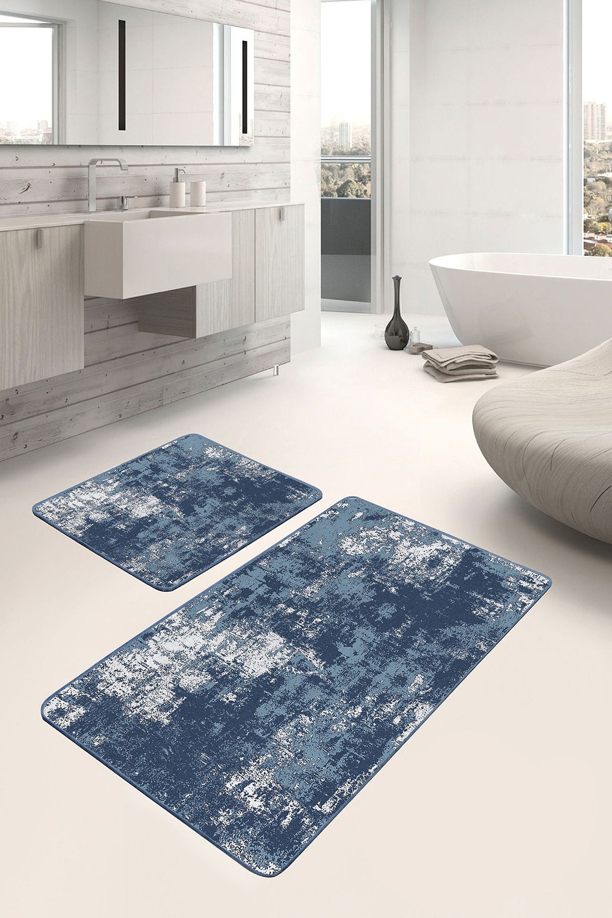 Realhomes Mavi - Beyaz Zeminde Eskitme Motifli Dokuma Halı Eskitme Motifli Modern 2'li Banyo Paspas Takımı
