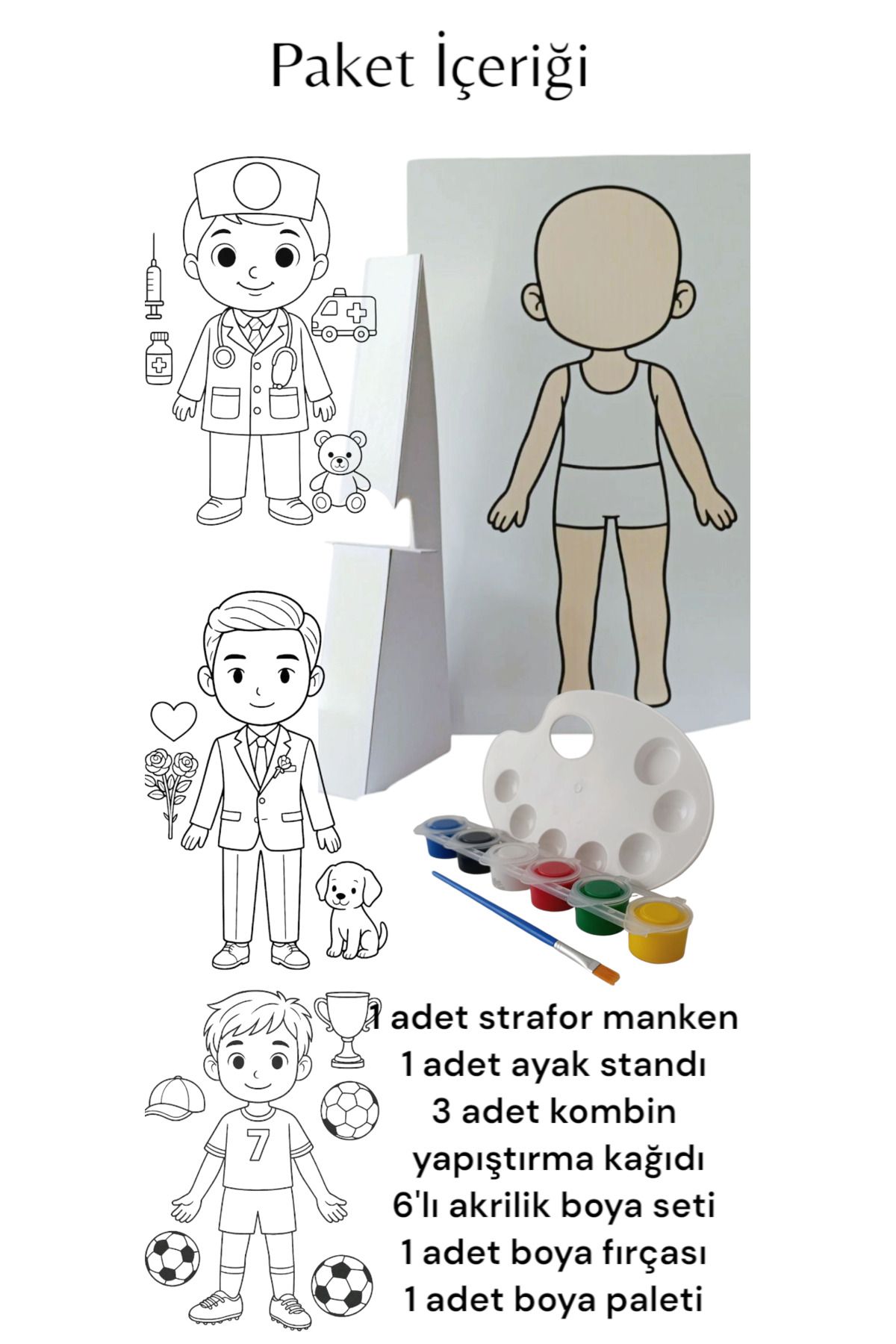 Kostum Kutusu Manken Boyama ve Giydirme Seti – Kombinli Aktivite Seti (6’lı Boya + Palet + Fırça Dahil)