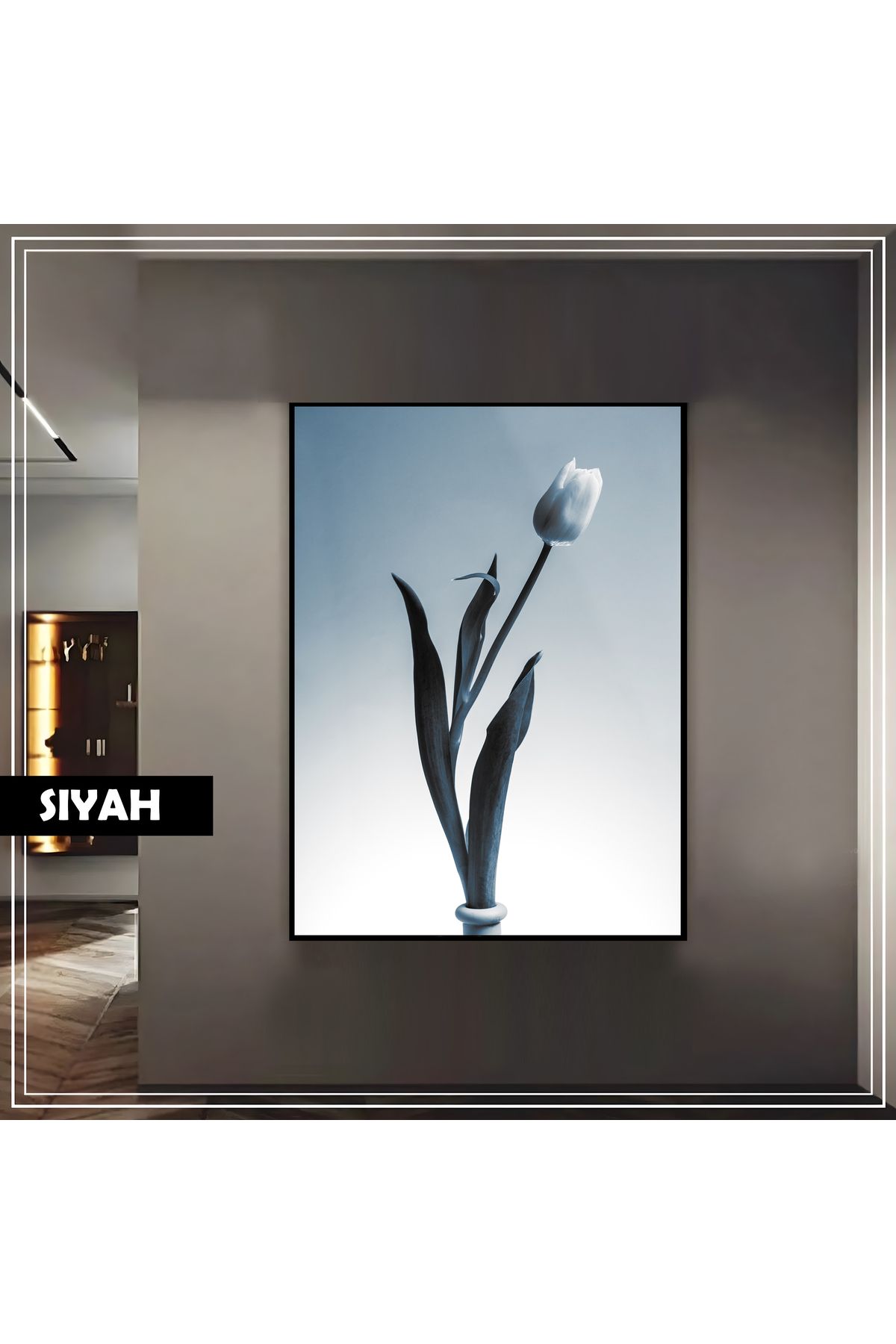 Harikabirev HARİKABİREV|(LILY) LACİVERT BEYAZ LALE MODELİ|ÇERÇEVELİ TEMPERLİ CAM TABLO TEKLİ DİKEY