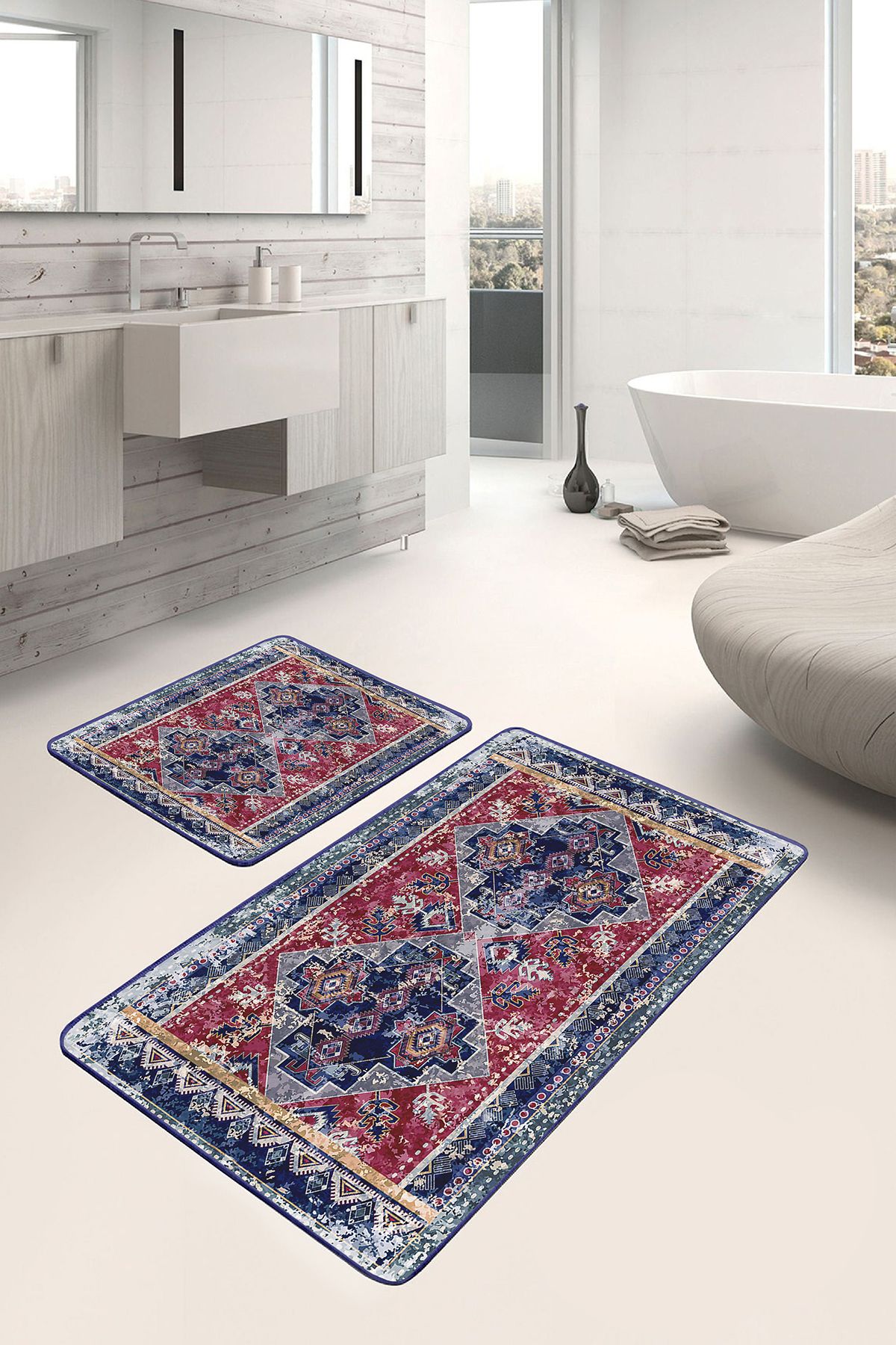Realhomes Lacivert Kırmızı Zemin Göbekli Halı Motif Antika Desen Avangarde 2'li Banyo & Mutfak Paspas Takımı