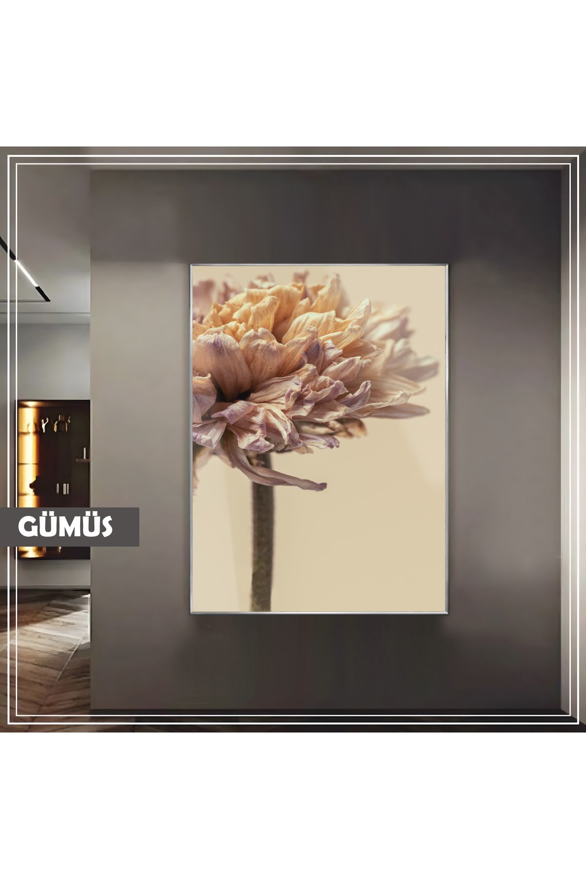 Harikabirev HARİKABİREV|KREM KURU ÇİÇEK MODEL (DRIED FLOWER) |ÇERÇEVELİ TEMPERLİ CAM TABLO TEKLİ DİKEY