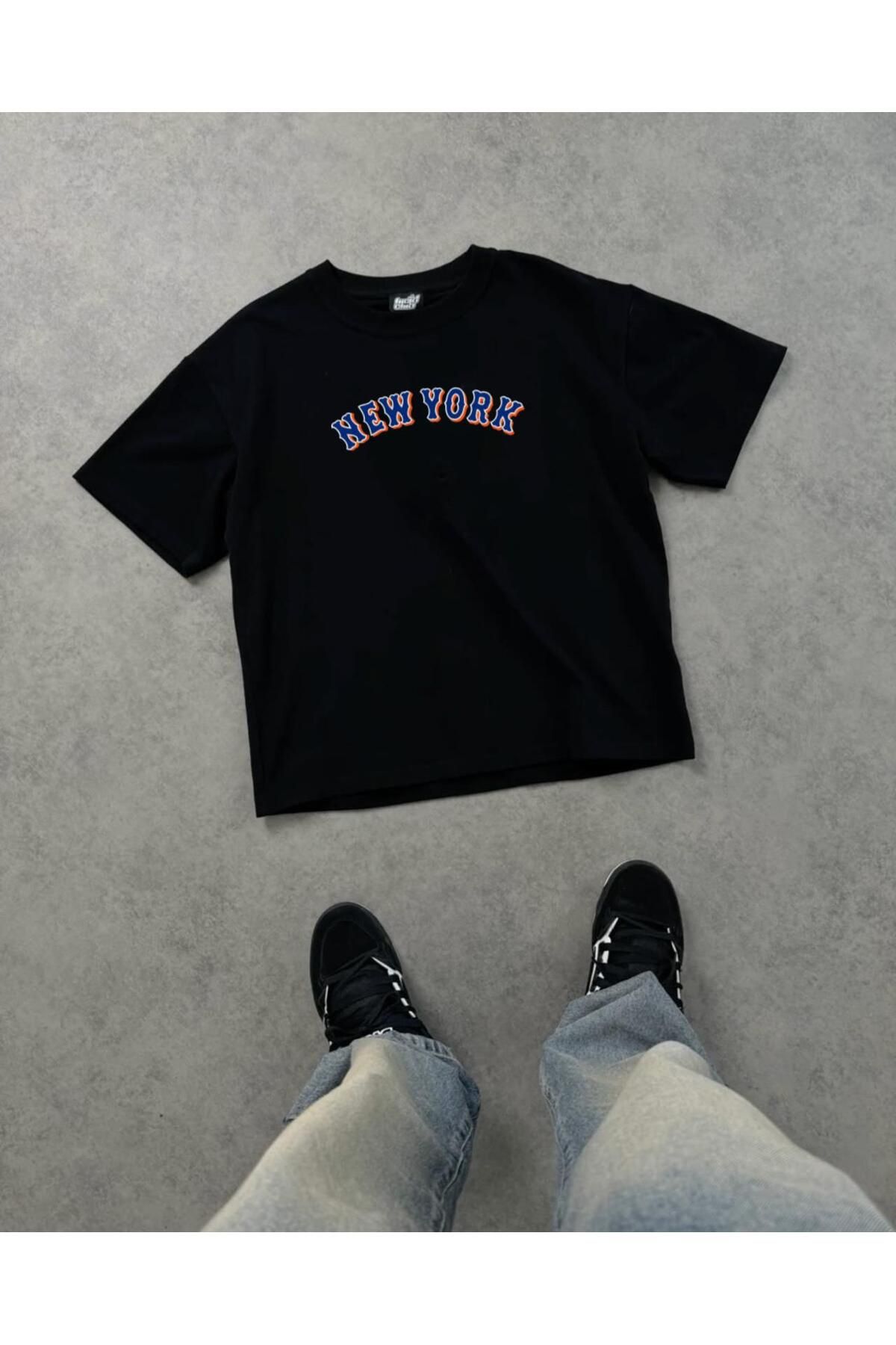 RPT MODA OVERSIZE RAHAT KALIP MAVİ NEW YORK BASKILI YÜKSEK KALİTE KUMAŞ ERKEK T-SHIRT