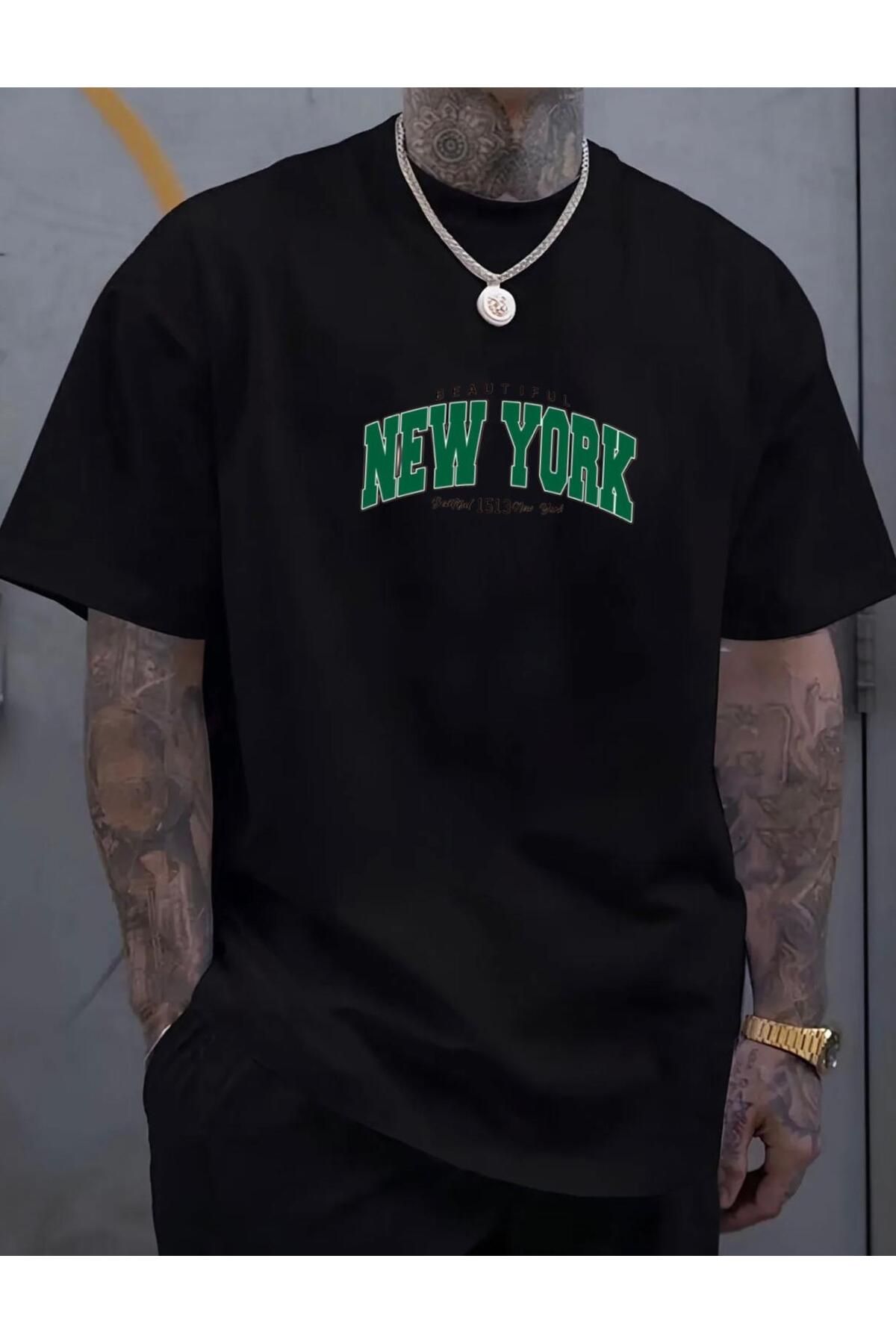 RPT MODA OVERSIZE RAHAT KALIP YEŞİL NEW YORK BASKILI YÜKSEK KALİTE KUMAŞ ERKEK T-SHIRT