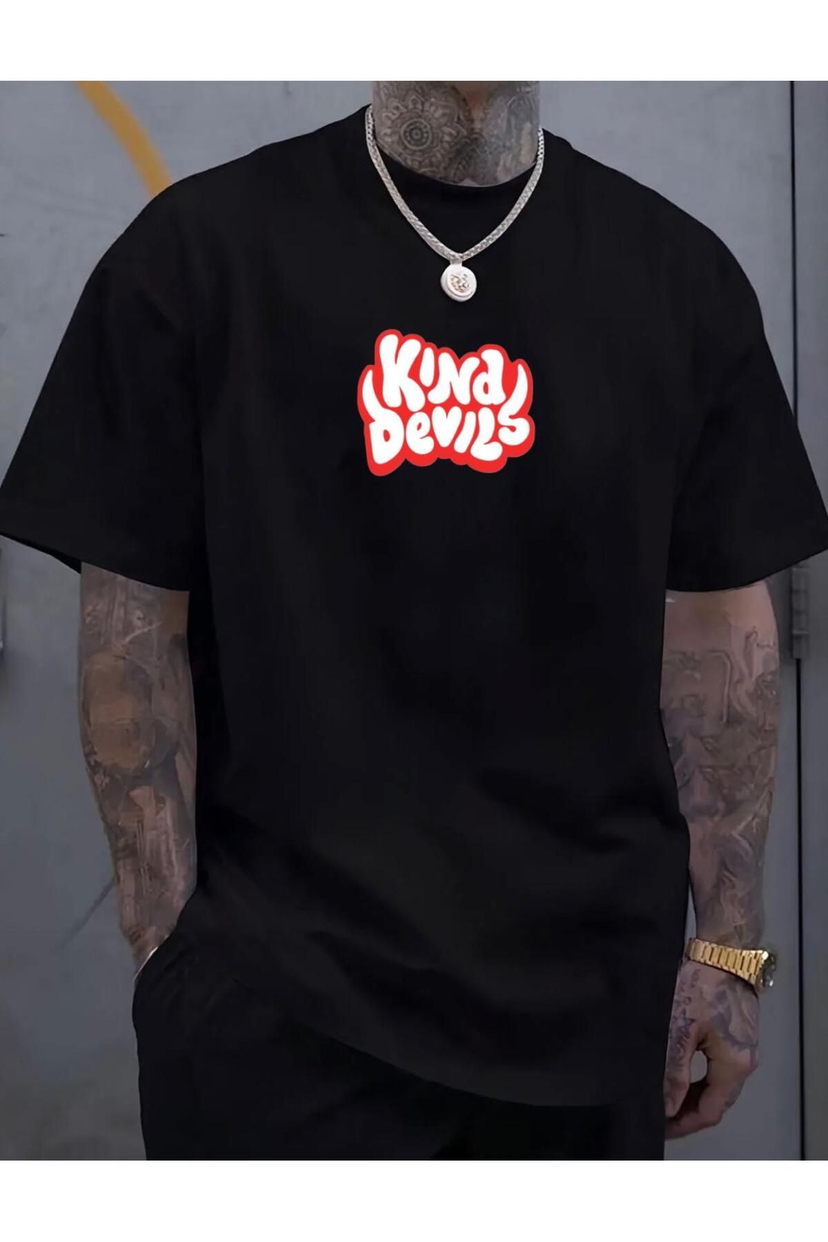 RPT MODA OVERSIZE RAHAT KALIP DEVILS BASKILI YÜKSEK KALİTE KUMAŞ ERKEK T-SHIRT