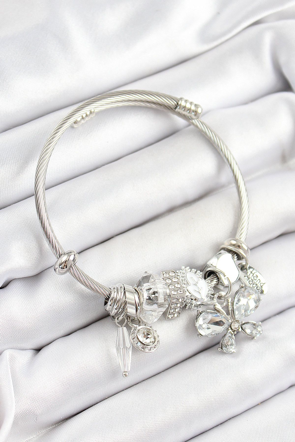callerrons accessories Beyaz Zirkon Taşlı Kelebek Model Gümüş Renk Charm Bileklik - EBJ250628W35892