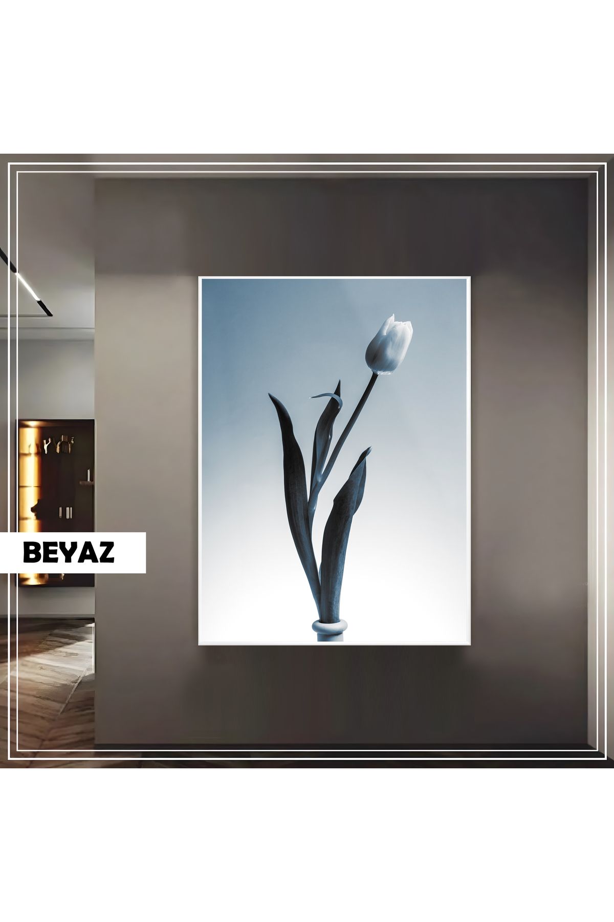 Harikabirev HARİKABİREV|(LILY) LACİVERT BEYAZ LALE MODELİ|ÇERÇEVELİ TEMPERLİ CAM TABLO TEKLİ DİKEY
