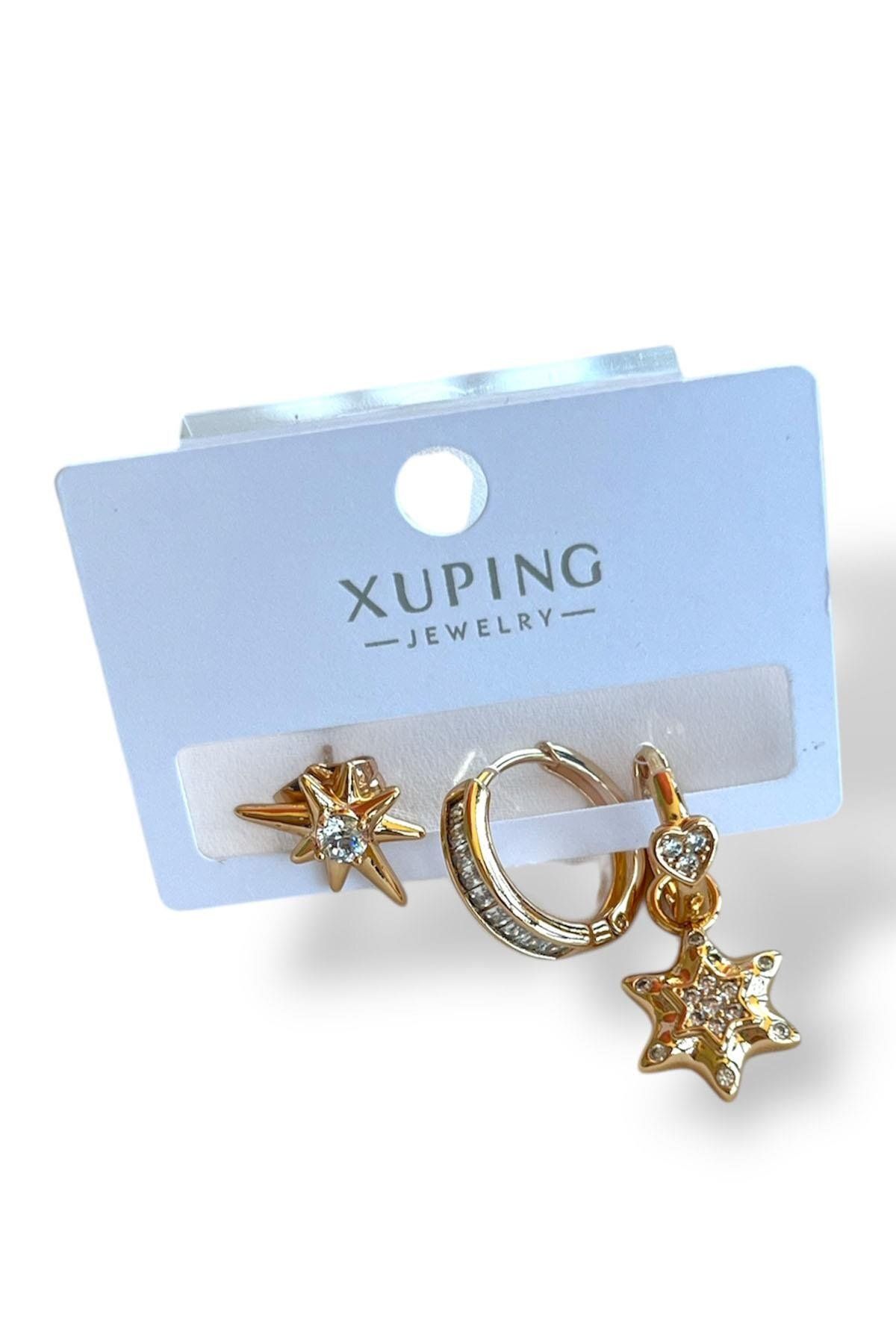 TAKIŞTIR Altın Renk Taş Detaylı Çelik 3'lü Xuping Küpe Set