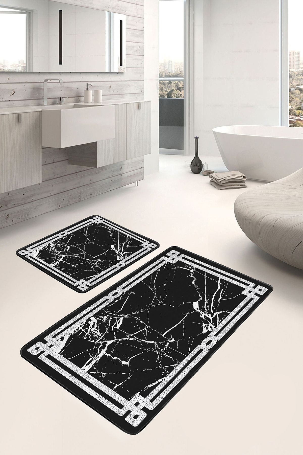 Realhomes Siyah - Beyaz Zeminde Çerçeveli Motifli Mermer Desenli Sade & Şık Geometrik 2'li Banyo Paspas Takımı
