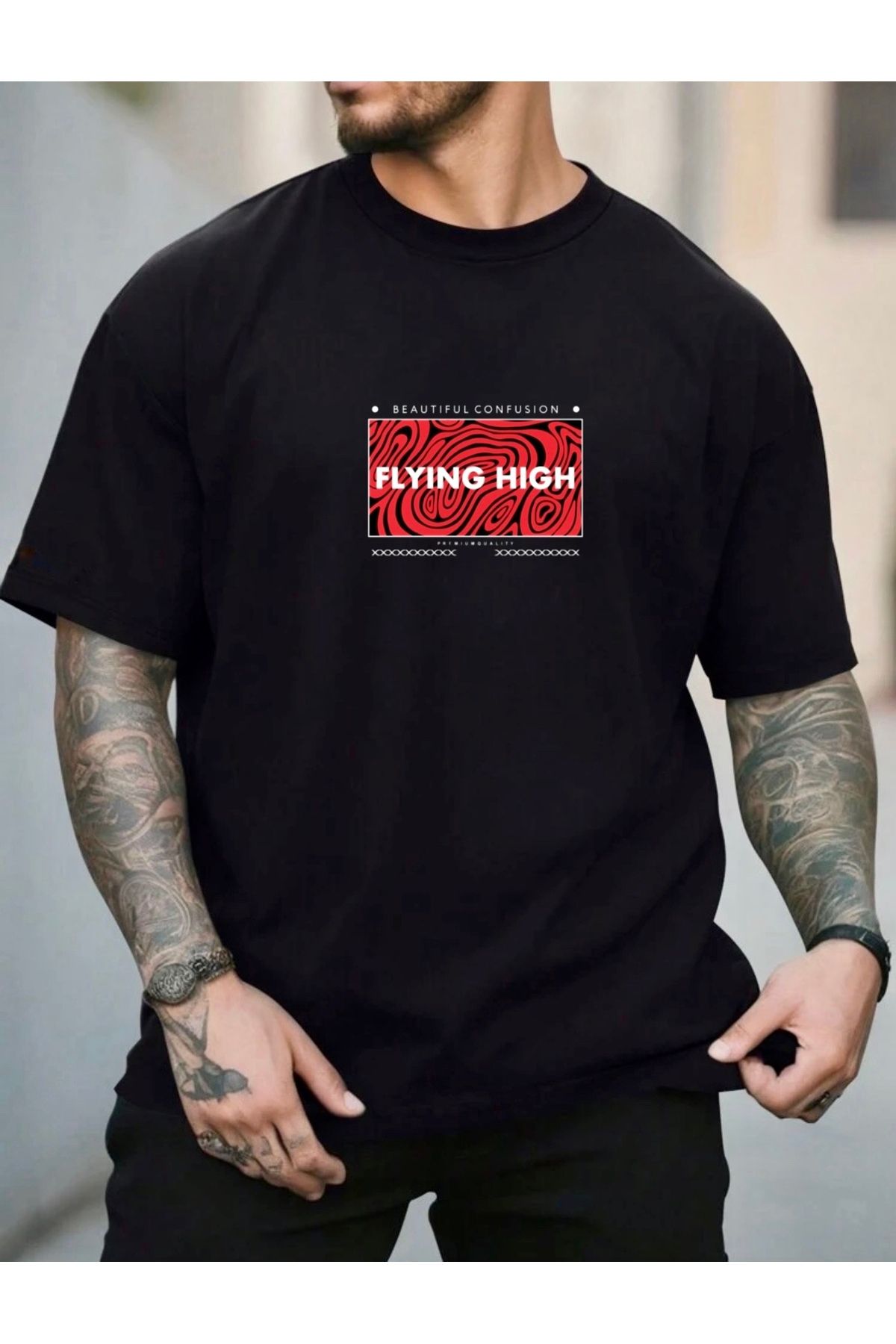 RPT MODA OVERSIZE RAHAT KALIP FLYING HIGH BASKILI YÜKSEK KALİTE KUMAŞ ERKEK T-SHIRT