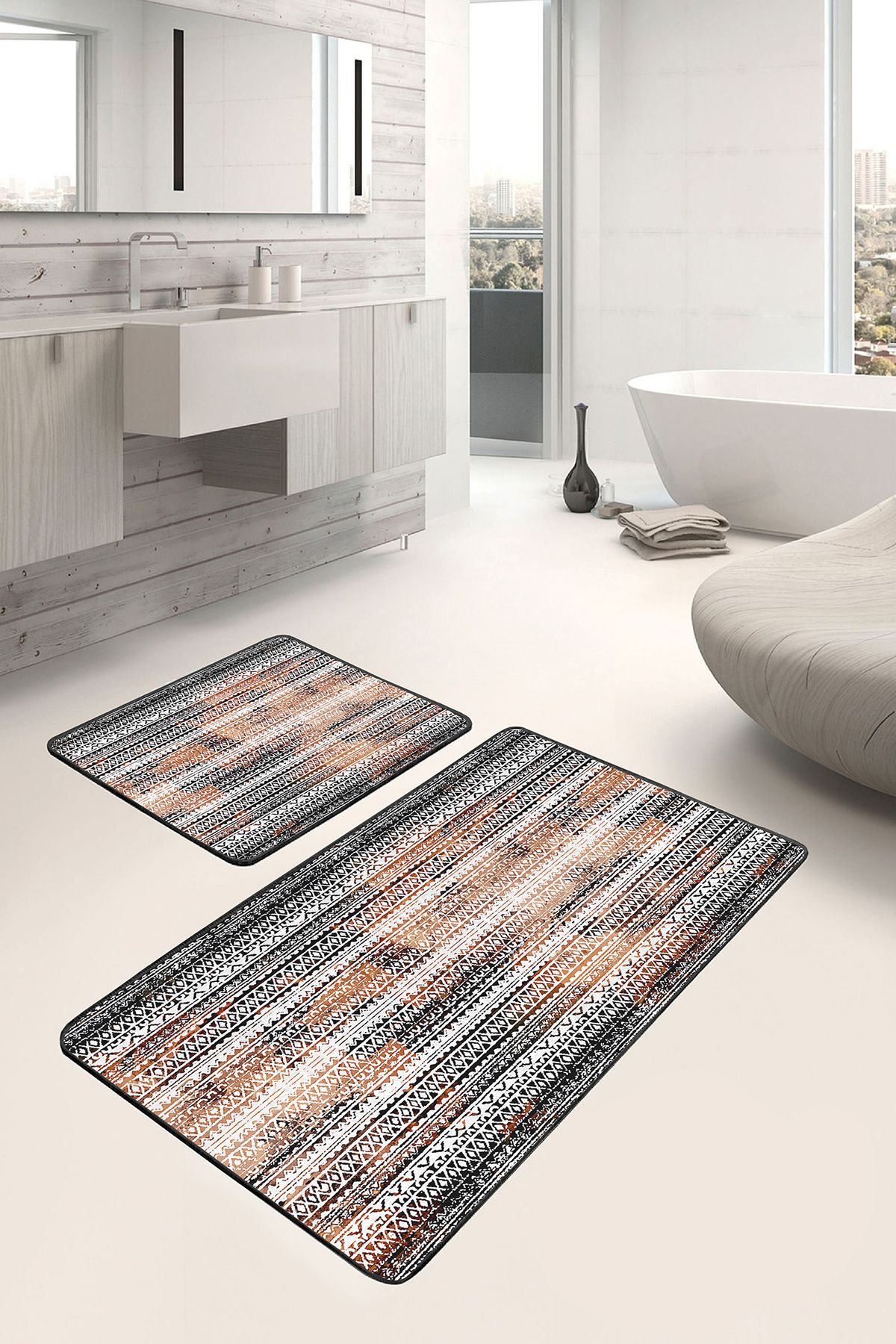 Realhomes Siyah Kremit Zeminde Etnik Motifli Eskitme Geometrik Eskitme Motifli 2'li Banyo Mutfak Paspas Takımı