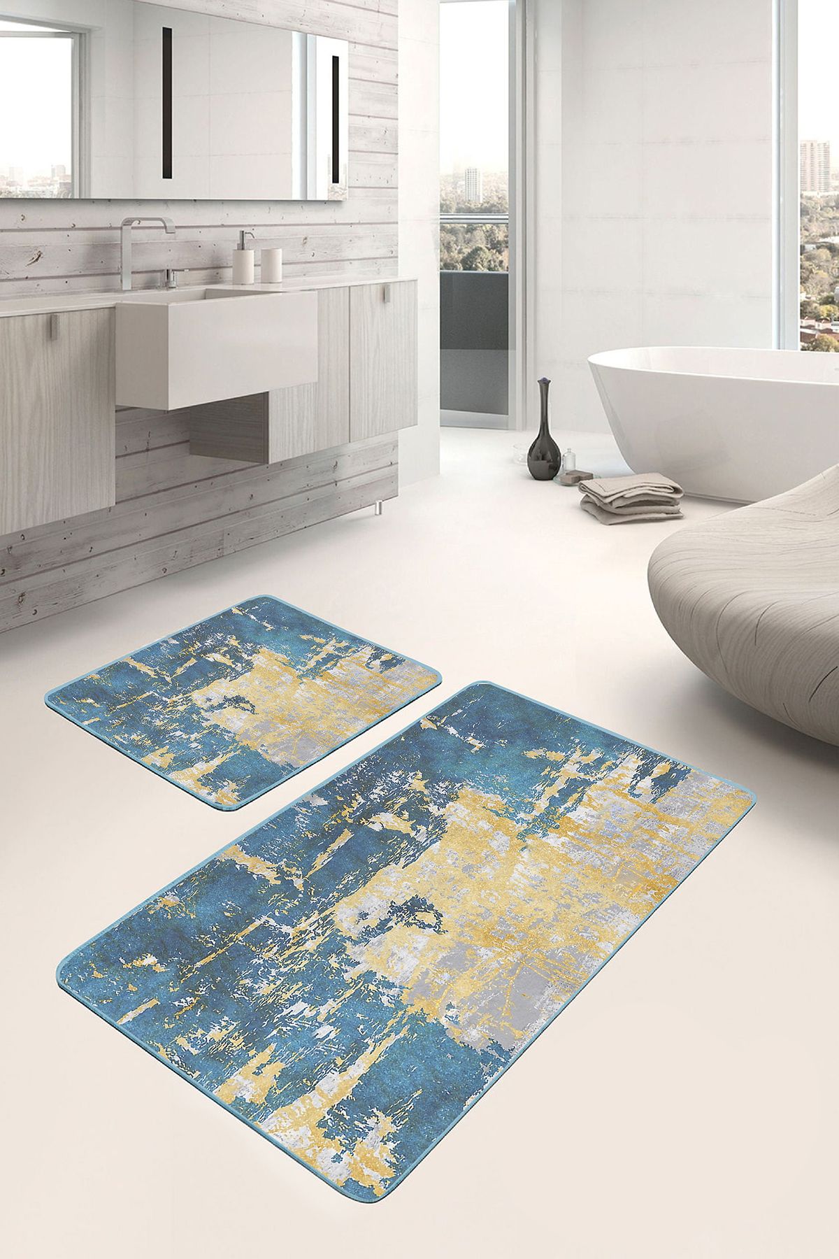 Realhomes Mavi - Sarı Zeminde Eskitme Motifli Boyama Eskitme Motifli Klasik 2'li Banyo & Mutfak Paspas Takımı