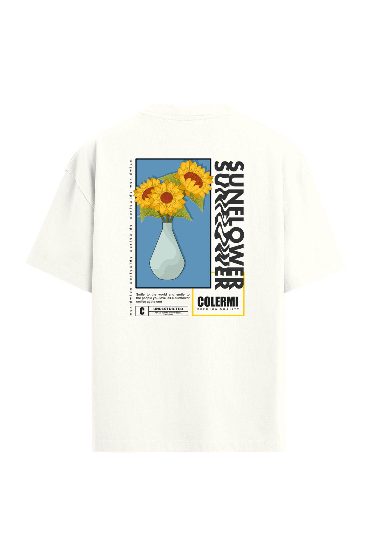 Colermi Sunflower Summer Sırt Baskılı Oversize Ekru T-Shirt