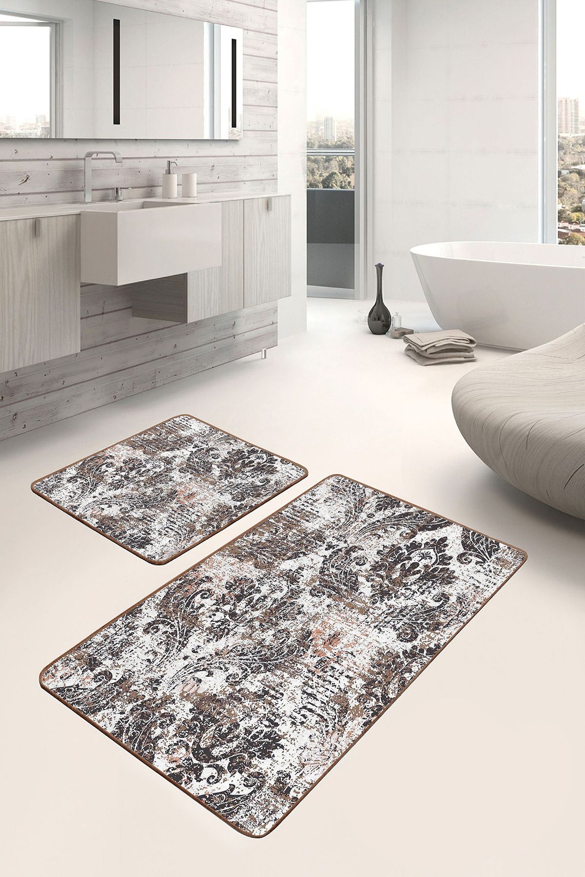Realhomes Krem - Kahverengi Zeminde Etnik Motifli Otantik Vintage Eskitme Motifli 2'li Banyo Paspas Takımı