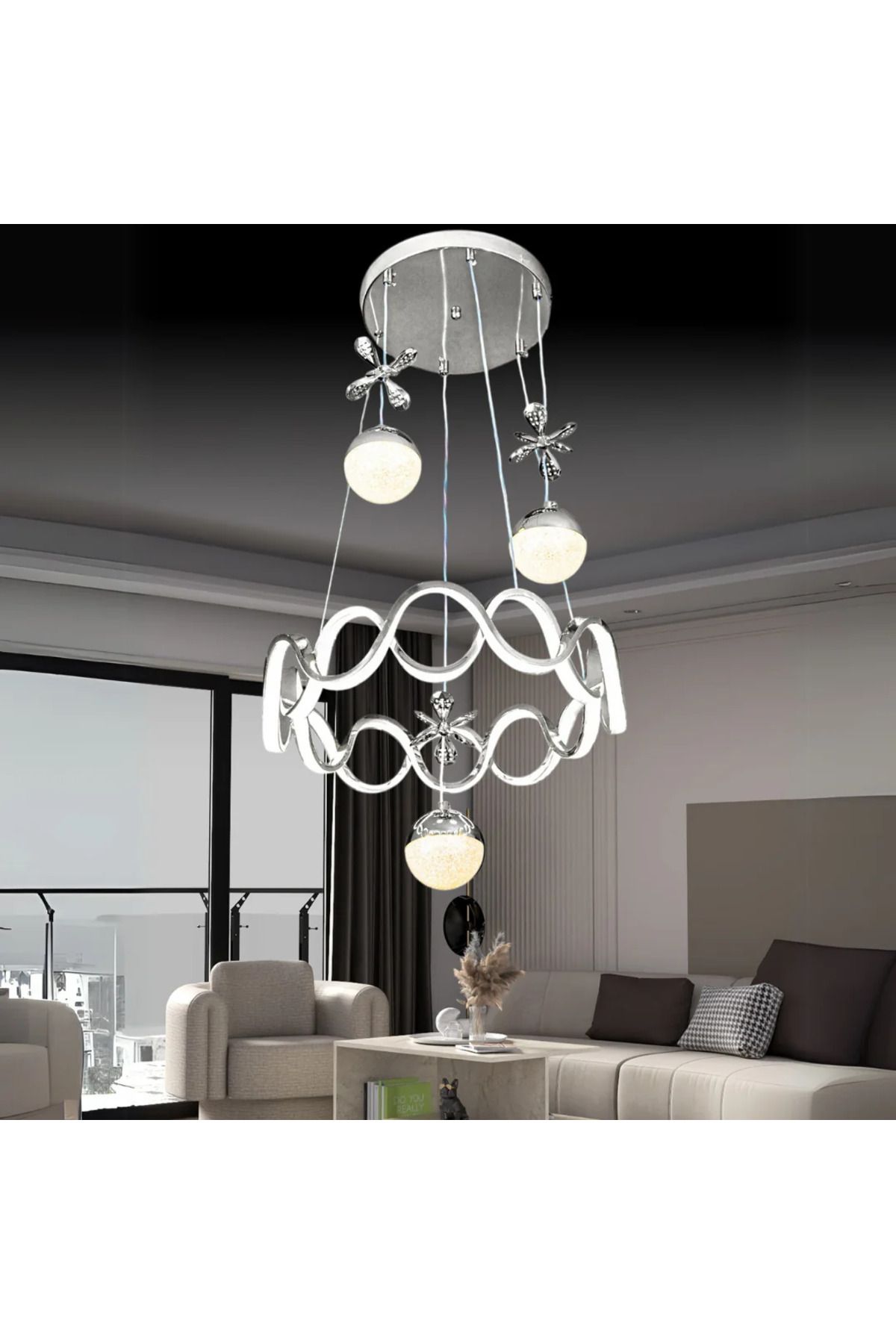 durulight Krom Kaplama 3 Renk Ledli Modern Özel Tasarım Sarkıt Ledli Avize (Salon Avizesi)