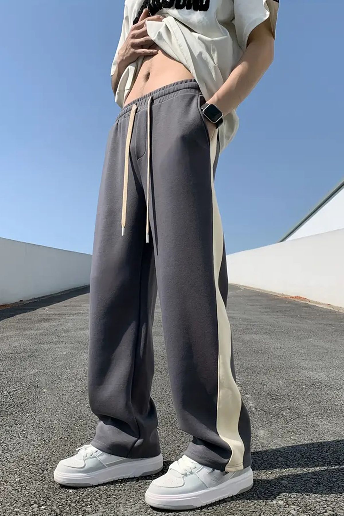 SALIENDO Erkek Kalın Şerit Casual Oversize Antrasit Eşofman Altı