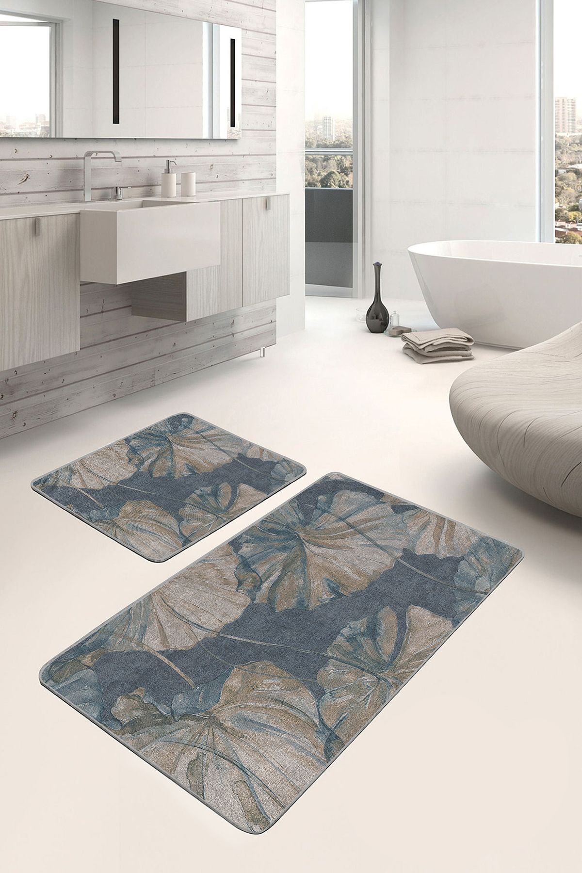 Realhomes Mavi Zeminde Yağlı Boya Motifli Çiçek Desenli Floral Sade & Şık 2'li Banyo & Mutfak Paspas Takımı