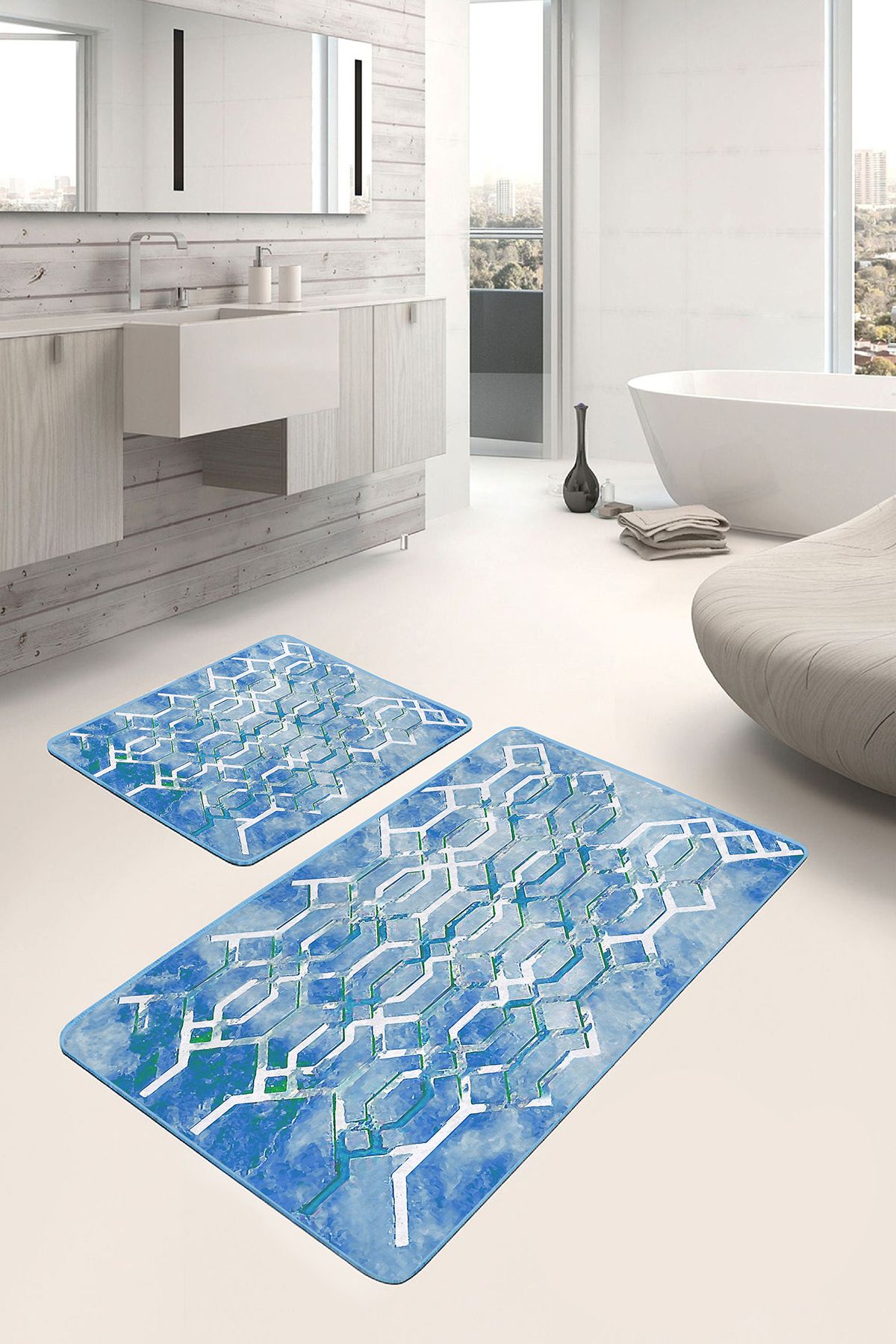 Realhomes 2'li Set Mavi Zeminde Kanvas Motifli Geometrik Eskitme Motifli Geometrik 2'li Banyo Paspas Takımı