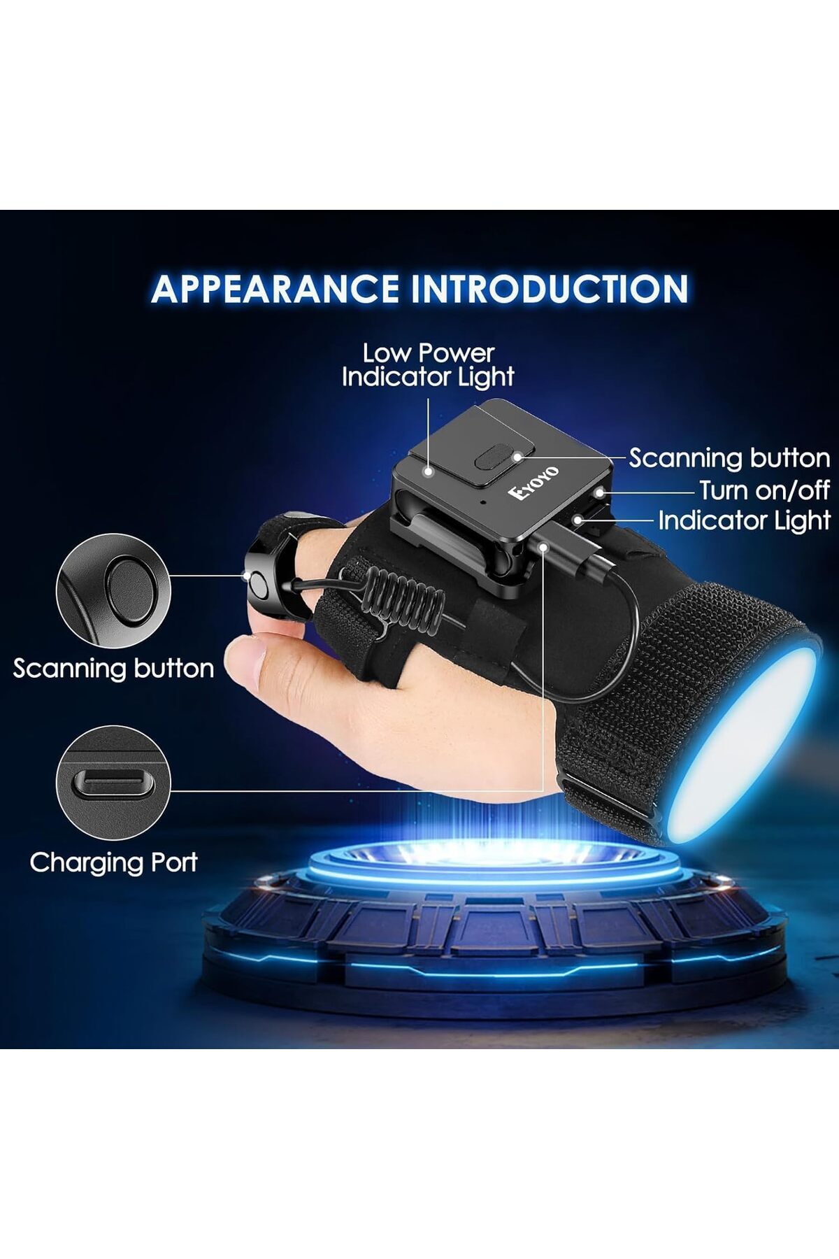 Eyoyo-2D & 1D Wearable Glove Barcode Scanner Bluetooth, Ring Finger Wireless QR Code Scanner, Left&R 9