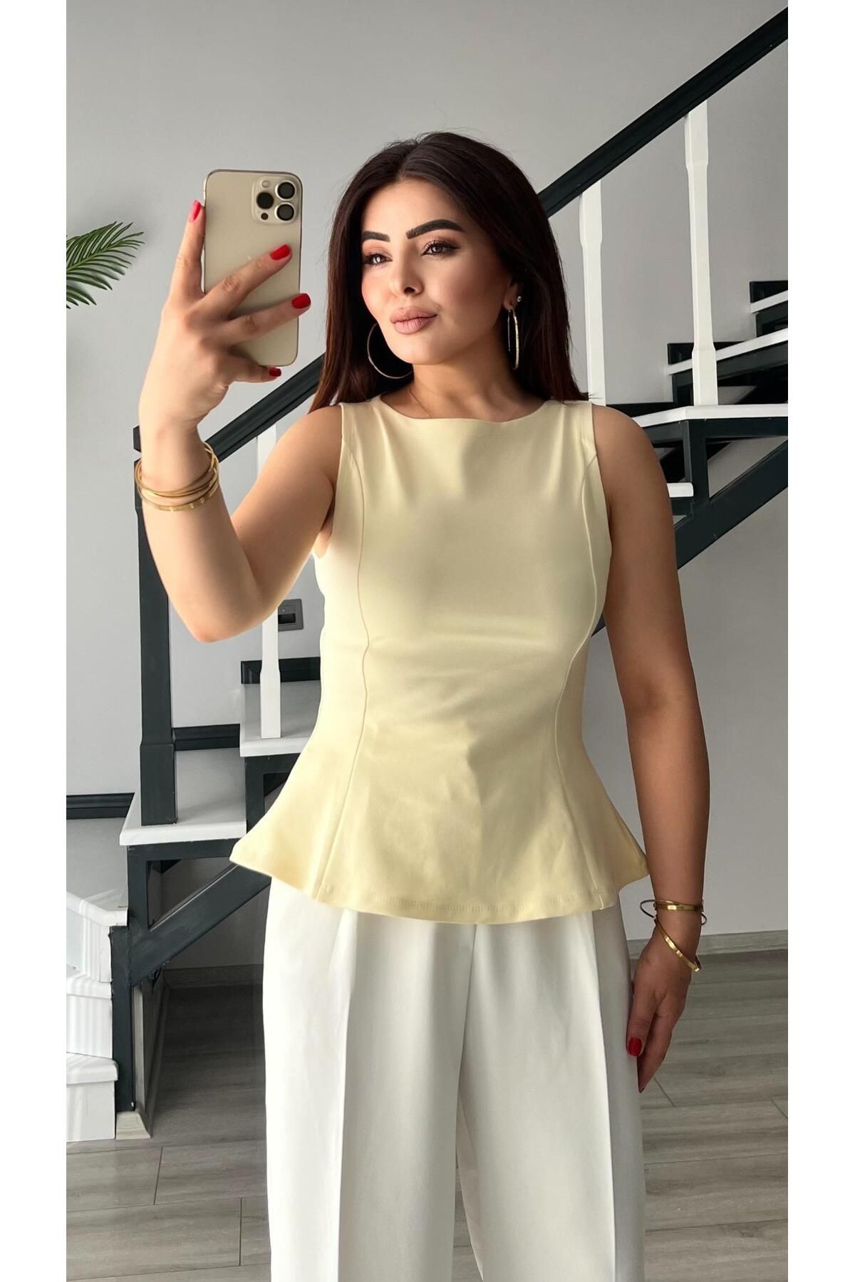 Oslove Butter Yellow Kayık Yaka Peplum Bluz