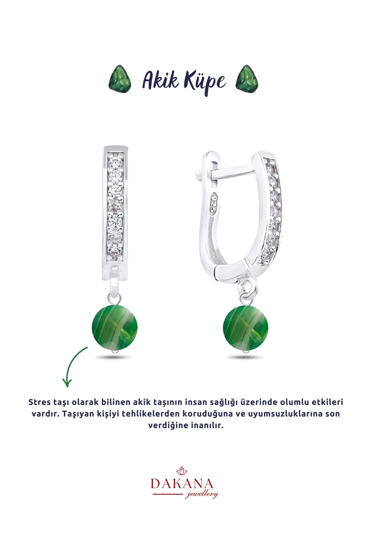DAKANA JEWELLERY Sertifikalı Faset Stil Yeşil Akik Doğal Taş Gümüş Küpe