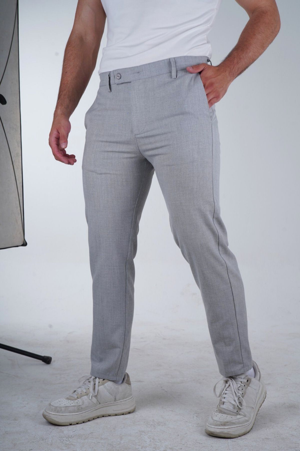 Geco Erkek Gri Kaliteli Esnek Likralı Bilek Boy Rahat Kesim Slim Fit Kumaş Pantolon