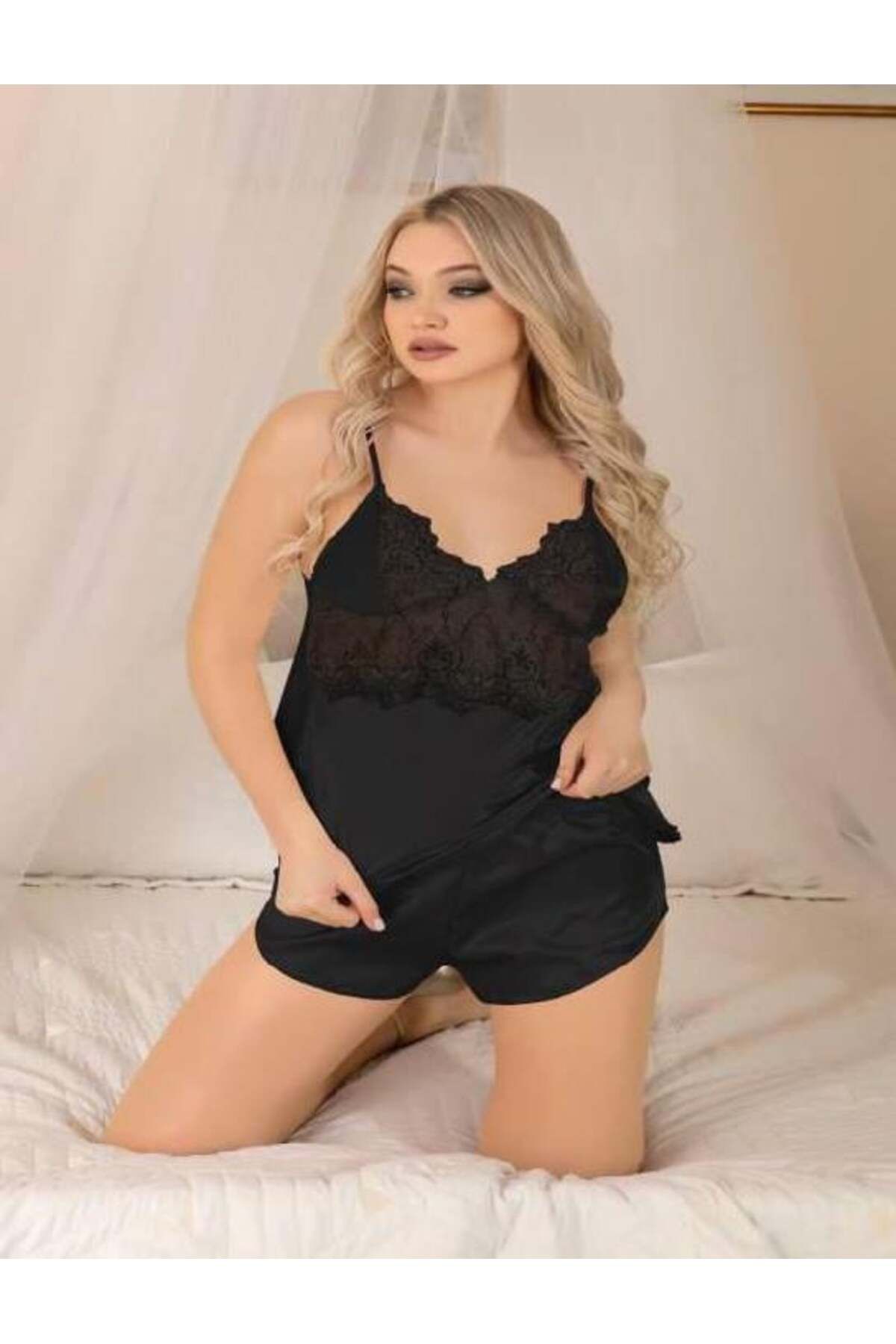 Mulvix Mulvxbrf Brf02 Siyah Dantel İşlemeli İnce Askılı Saten Şortlu Takım (Mulvix)