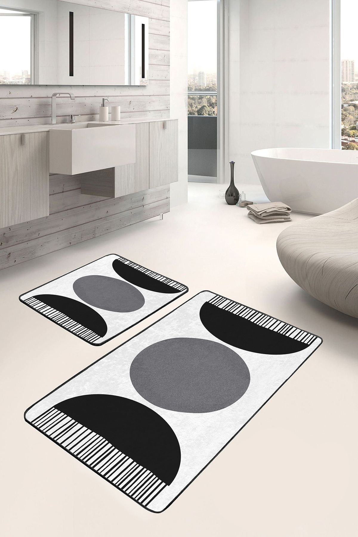 Realhomes 2'li Set Gri - Siyah Zeminde Bohem Motifli Modern Sanat Bohem Sade & Şık 2'li Banyo Paspas Takımı