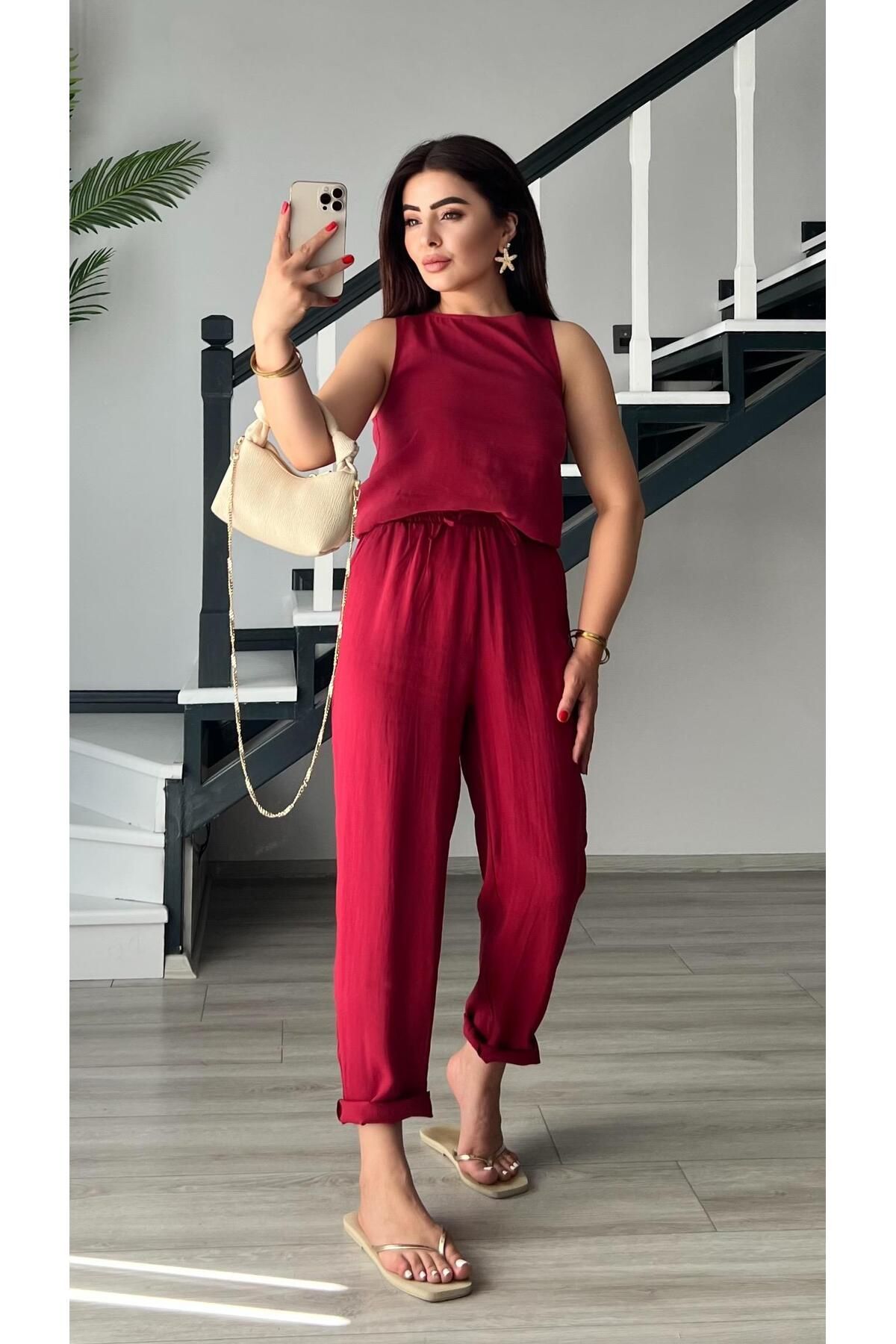 Oslove Orj.Marka Kırmızı Modal Kumaş Kolsuz Bluz-Pantolon Takım
