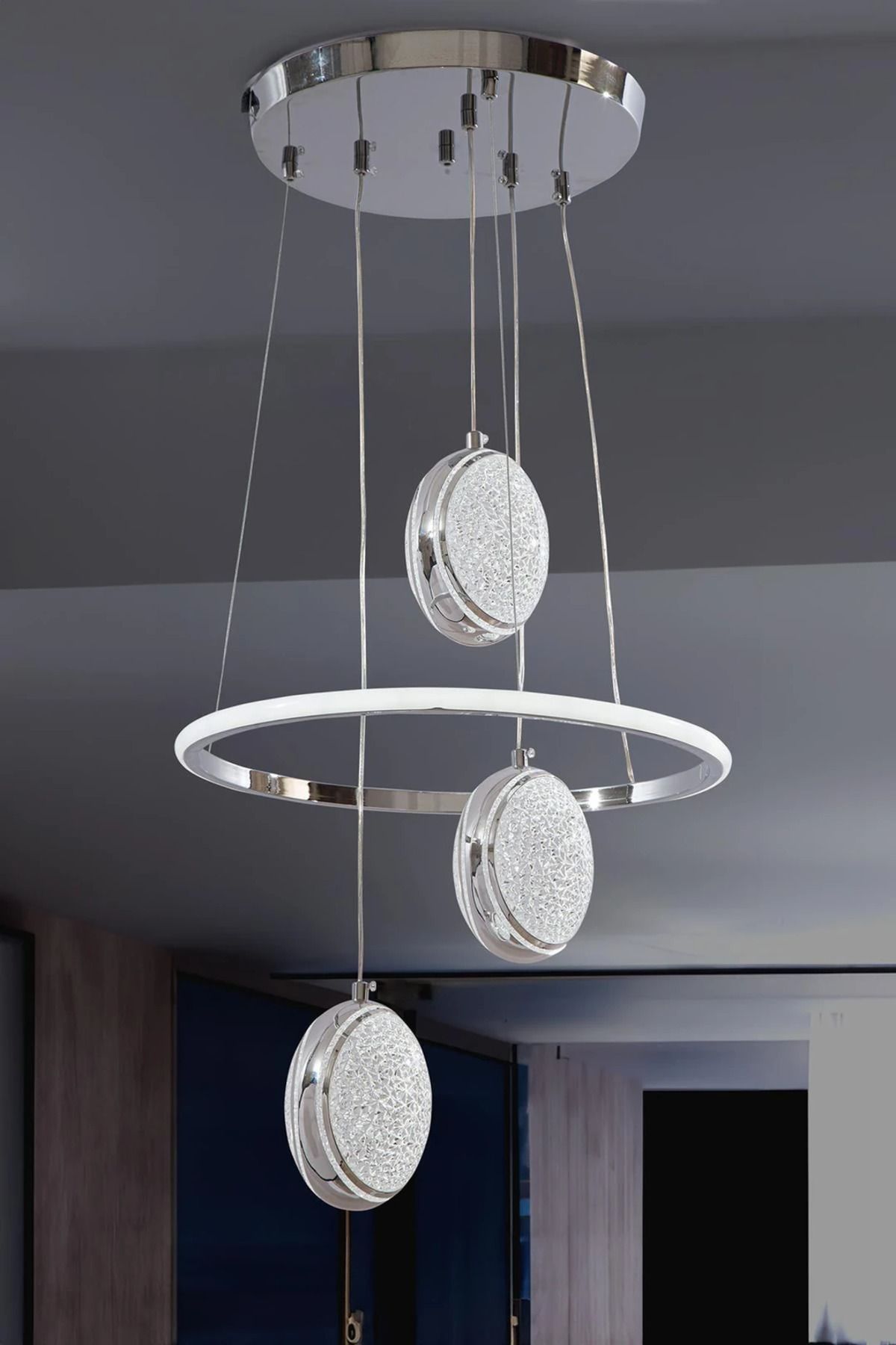 durulight Krom 3 Renk Ledli Lüks Modern Sarkık 3'LÜ Ledli Avize