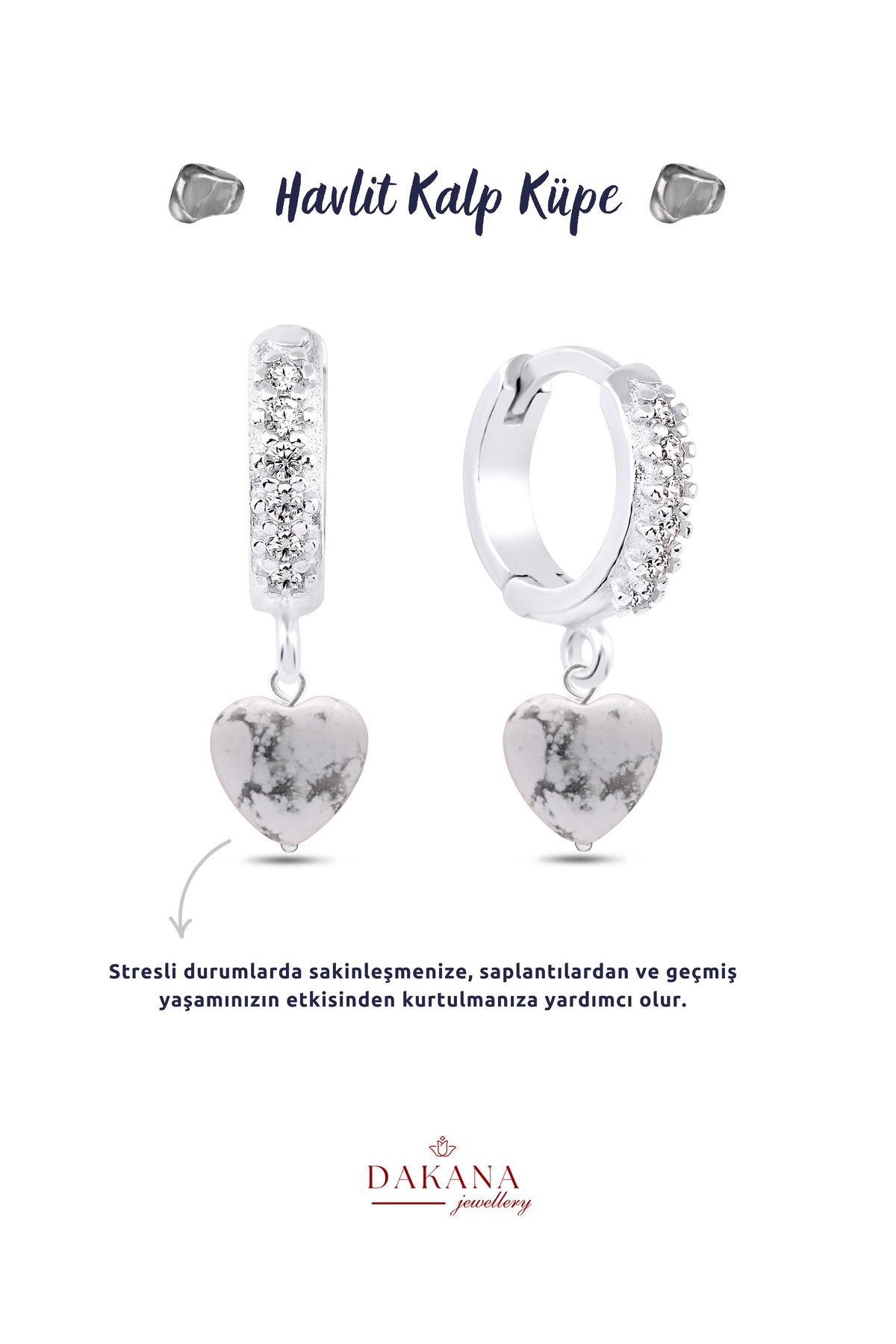 DAKANA JEWELLERY Sertifikalı Kalp Stil Havlit Doğal Taş Gümüş Küpe