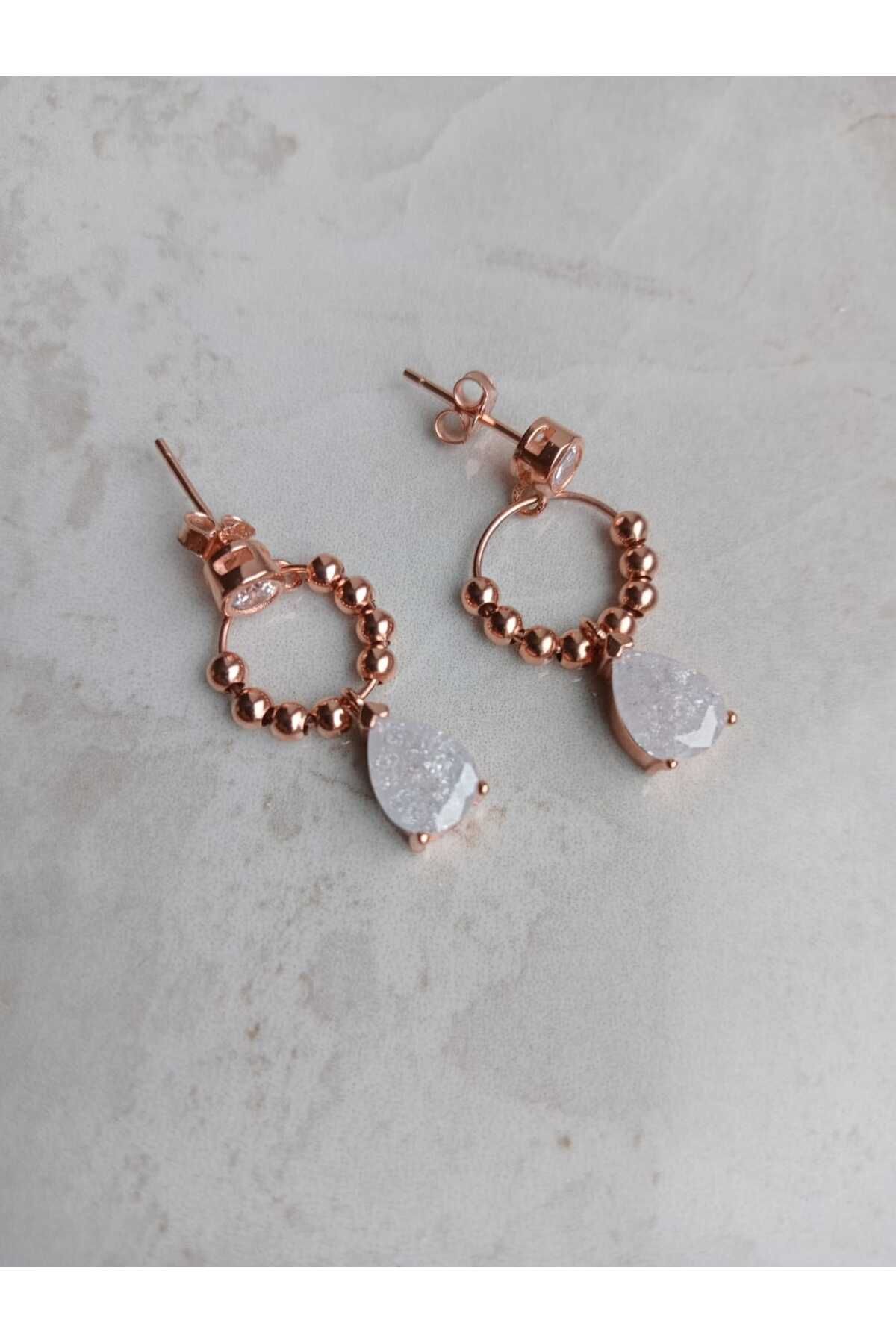GÜMÜŞ Papila Silver Beyaz Kristal & Zirkon Taşlı Rose Toplu Çivili Gümüş Halka Küpe