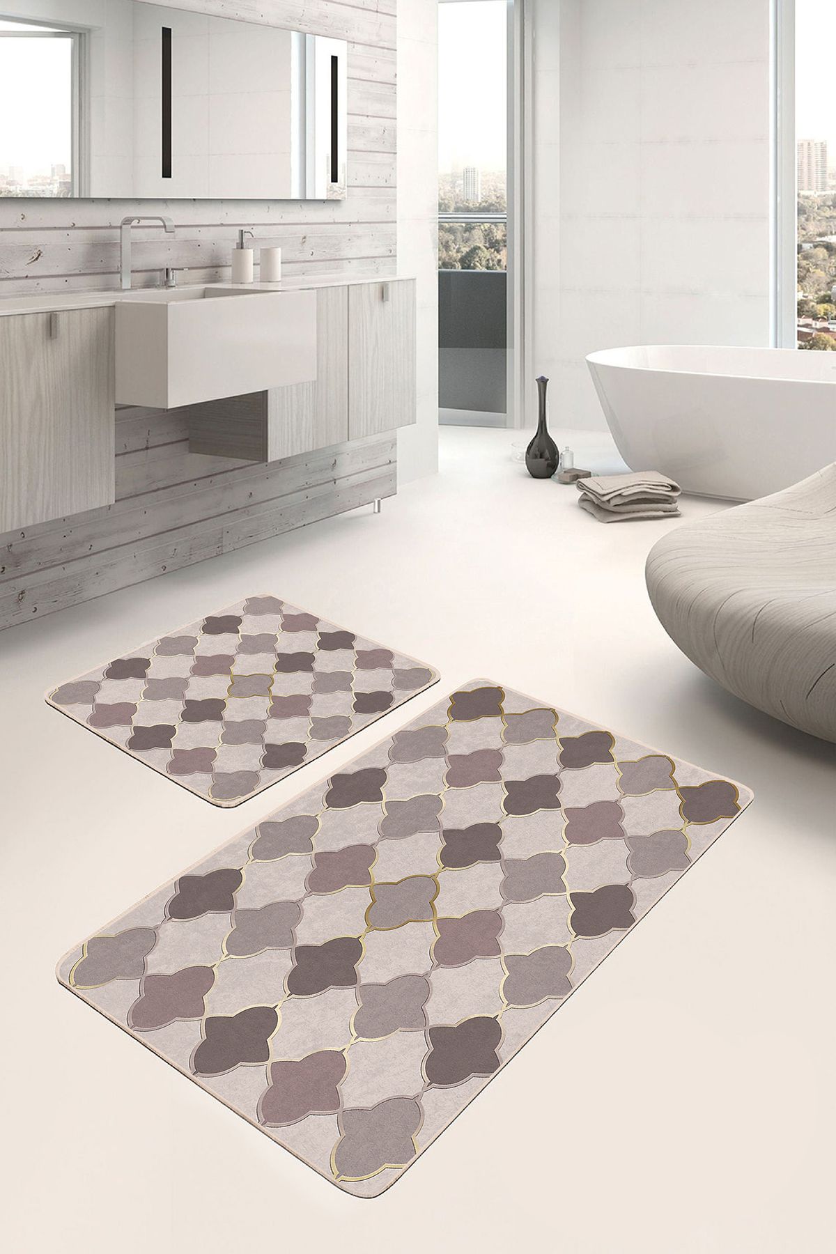 Realhomes Kahverengi - Bej Zeminde Morrocan Motifli Etnik Geometrik Sade Şık 2'li Banyo Mutfak Paspas Takımı