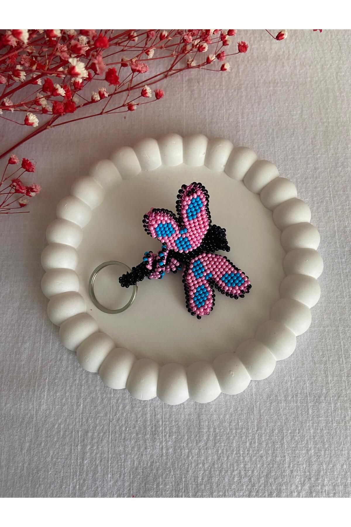 Handmade KUM BONCUK EL İŞİ PEMBE KELEBEK ANAHTARLIK