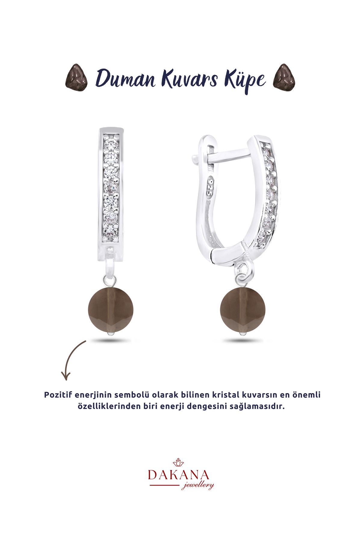 DAKANA JEWELLERY Sertifikalı Faset Stil Duman Kuvars Doğal Taş Gümüş Küpe