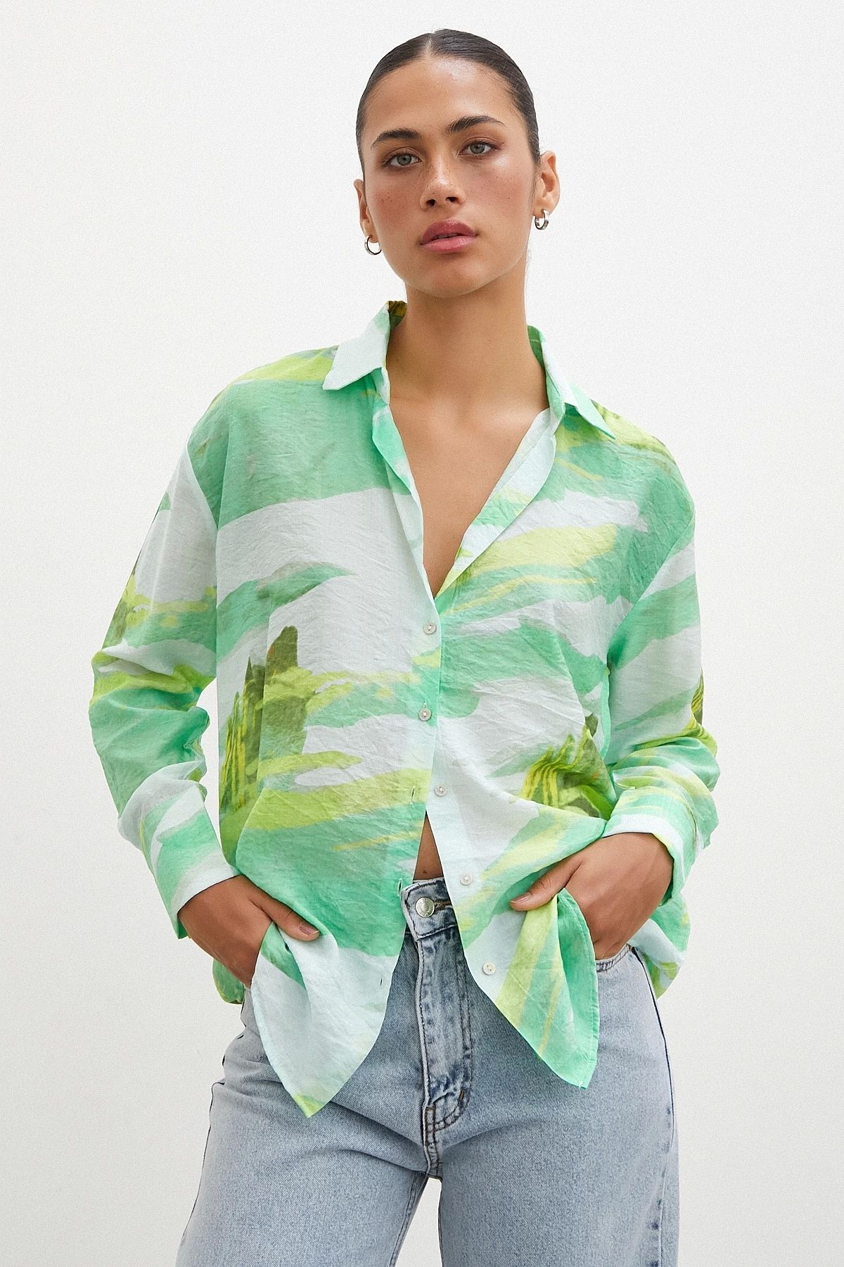 TRENDQUEL Hawaii Desen Modal Gömlek Yeşil